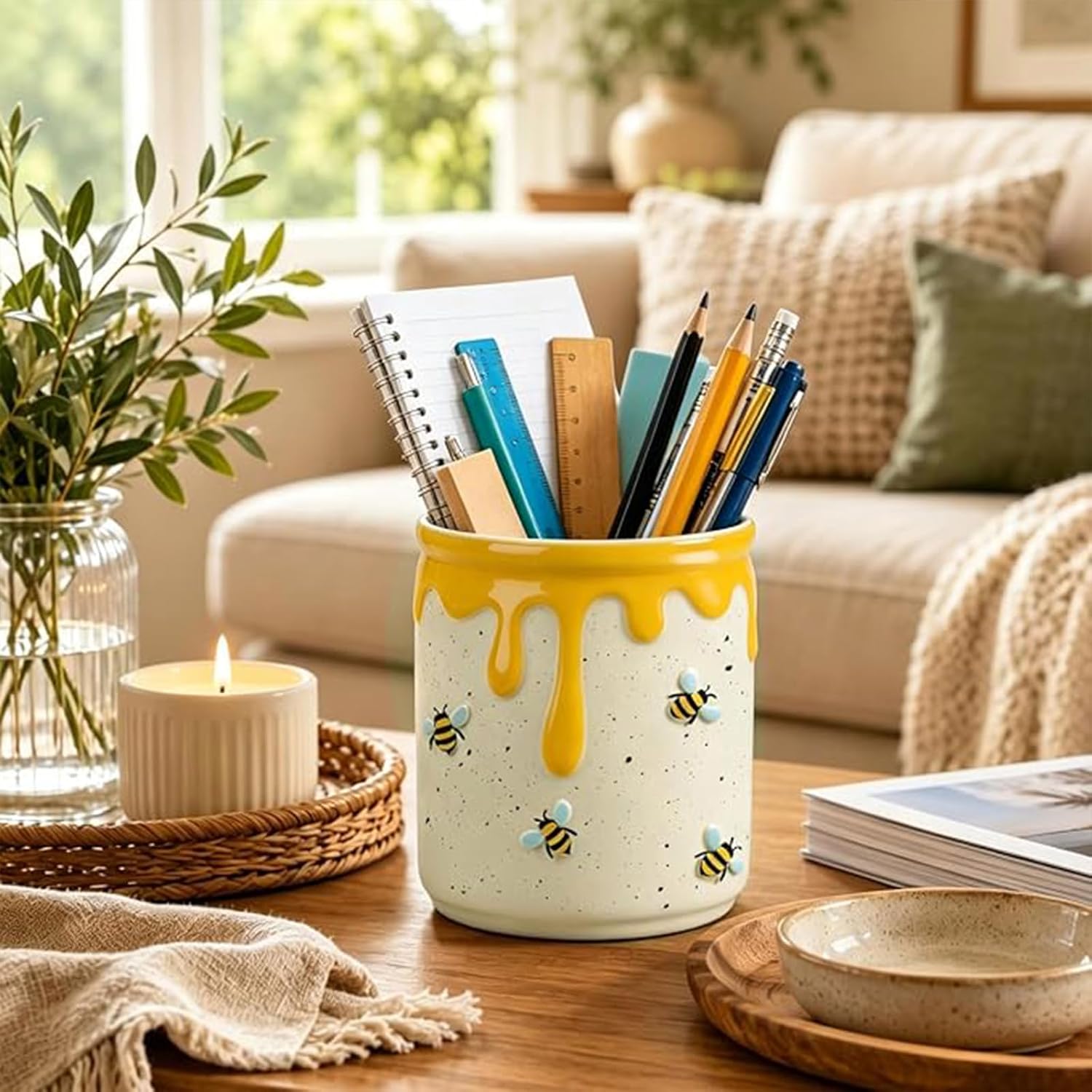 AnyDesign Bee Ceramic Utensil Holder 3D Bee Honey Drip Utensil Crock for Xmas Home Kitchen Countertop Storage Organizer Container