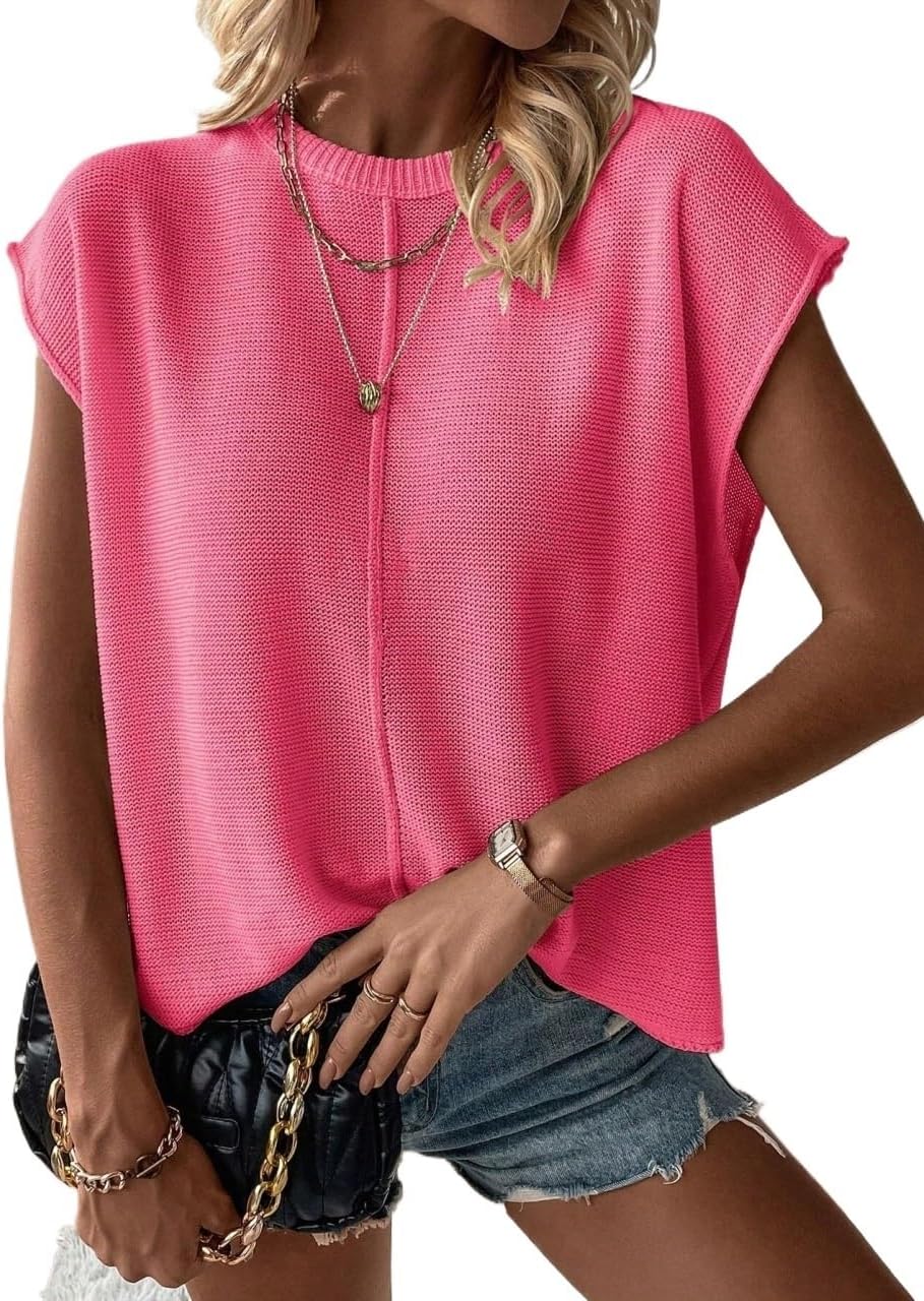 Women Fall Trendy Plain Crew Neck Casual Loose Knit Sweater Vest Autumn Winter Sweater Vest Top