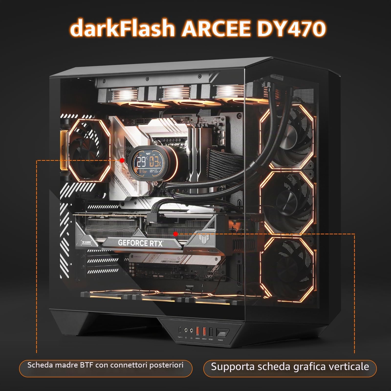 darkFlash Case PC ATX Full-tower Gaming, Scheda Madre con Connettore Posteriore, Doppia Camera, Vetro Panoramico, Fino a 2x360mm Rradiatori, Compatibile con RTX 40 (DY470) (1 Ventole PWM ARGB, Nero)