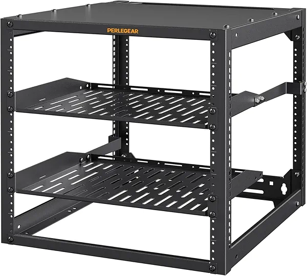 Perlegear 10U Open Frame Network Rack, Server Rack Wall Mounted or Floor Standing, Heavy-Duty 4 Post Data Rack with 2 1U Vented Shelves for 19-Inch Servers & IT & AV Gear, Black, PGSER02B