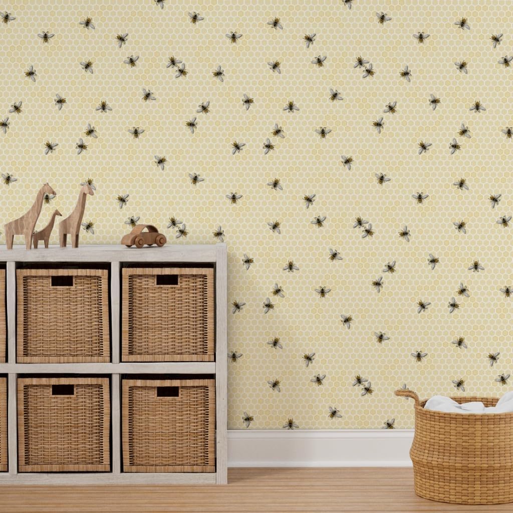 Peel & Stick Wallpaper 3ft x 2ft - Honey Bee Honeycomb Beehive Farming Honeybee Summer Abstract Custom Removable Wallpaper by Spoonflower