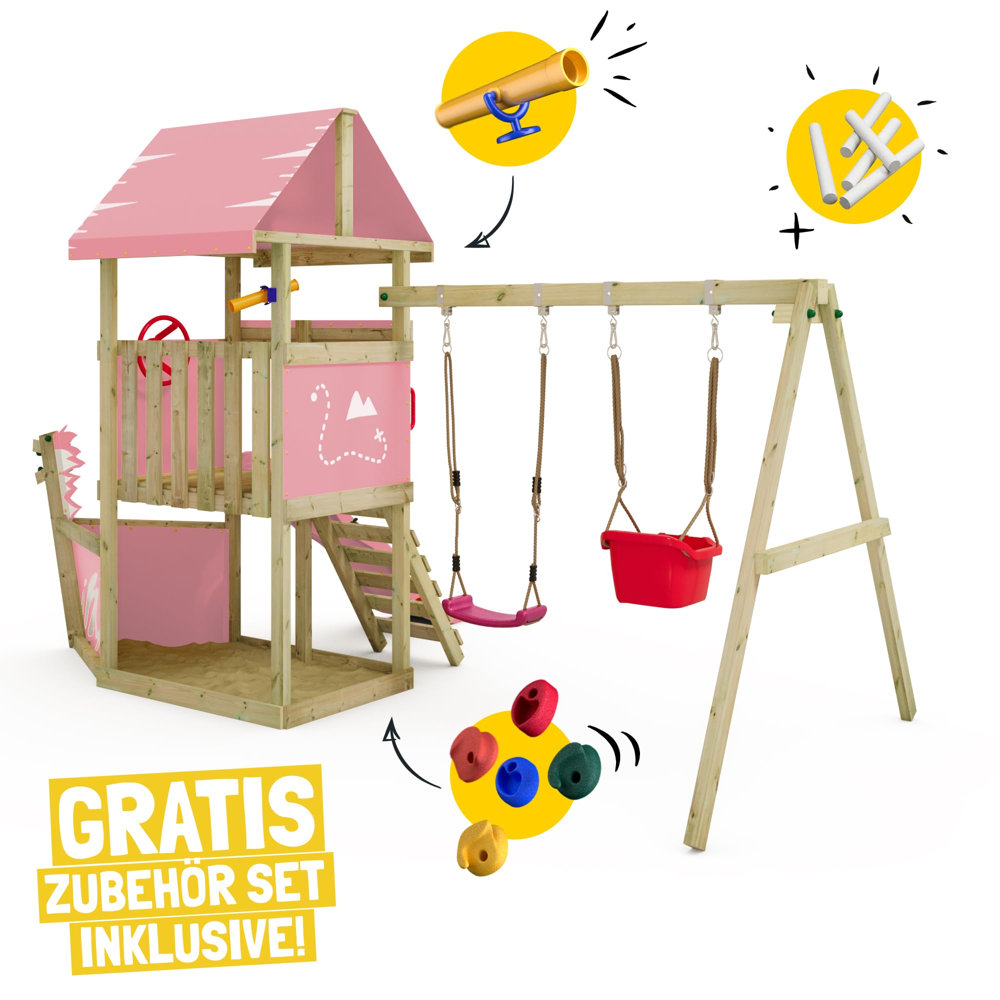 Wickey Spielturm DinkyHouse Piratenschiff - pastellpinke Rutsche & Plane - Kinder Kletterturm für den Garten aus Massivholz - 372x317x247 cm