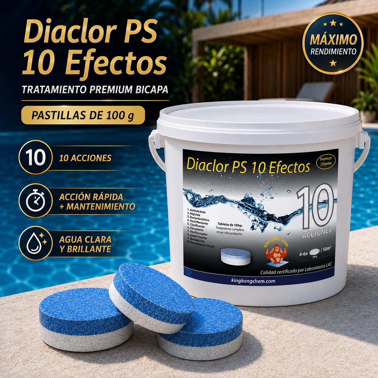 Cloro Total para Piscinas DIACLOR PS 10 Efectos 3 KG - 30 Pastillas de Cloro Multiacción (100 gr) - Tratamiento Completo Profesional 10 Acciones -