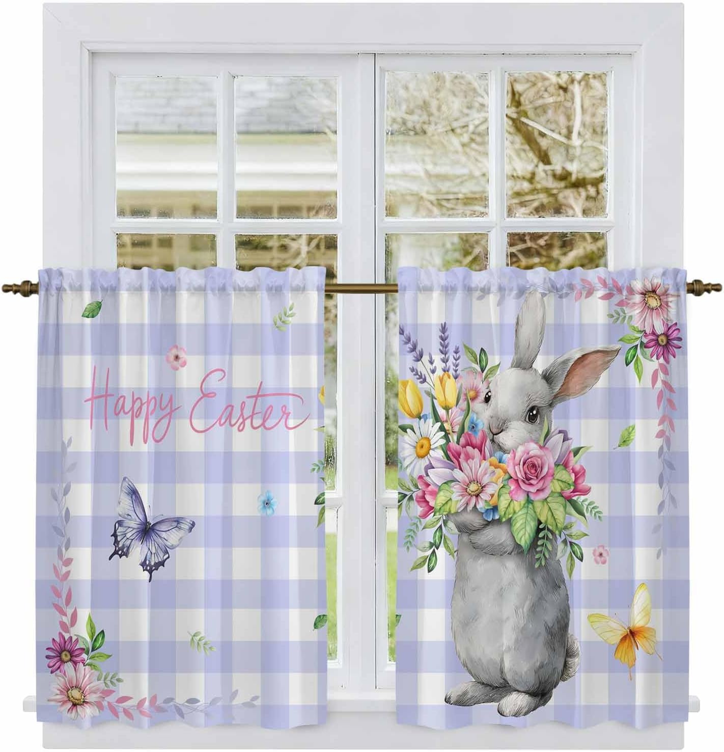 Happy Easter Kitchen Curtains, Cute Bunny Spring Flowers Butterfly Purple Plaid Light Filtering Window Curtain, 2Pcs Rod Pocket Window Treatments Set for Study Room Bathroom Bedroom 52x54 Inches