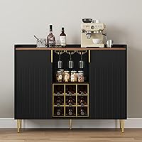 ARTPOWER 48" Fluted Wine Bar Cabinet - Modern Black Sideboard with Wine Rack, Stemware Holders & Storage for Kitchen, Living Room, Home Bar