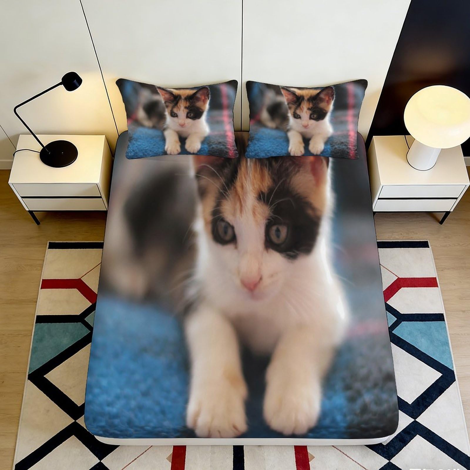 3D Printed Calico Cat Fitted Sheet Microfiber Soft Bedroom Decor Realistic Kitten Mattress Cover for Home Dorm 90x200x25cm
