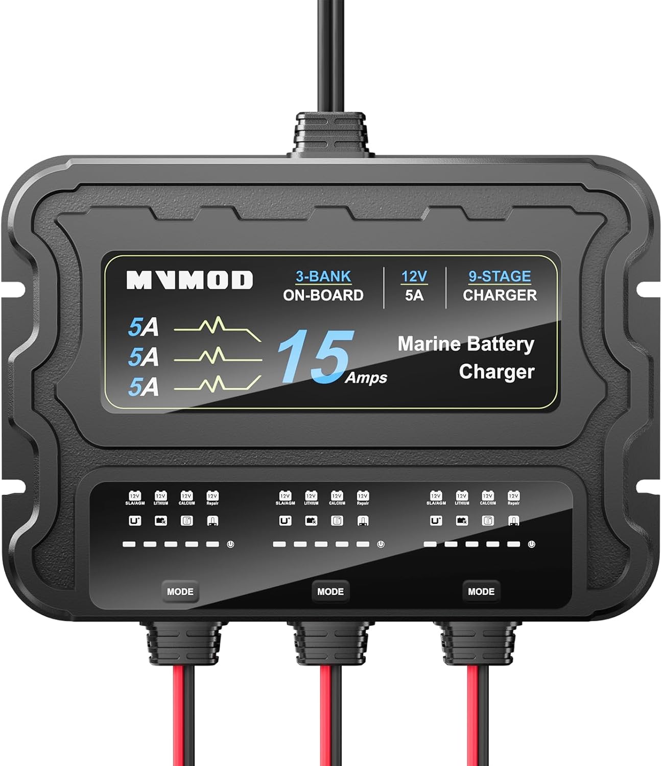 3 Bank Marine Battery Charger, 15A (5A/Bank) 12V IP68 Waterproof Lithium Onboard Battery Charger for SLA/AGM, Lithium(LiFePO4), Calcium Batteries