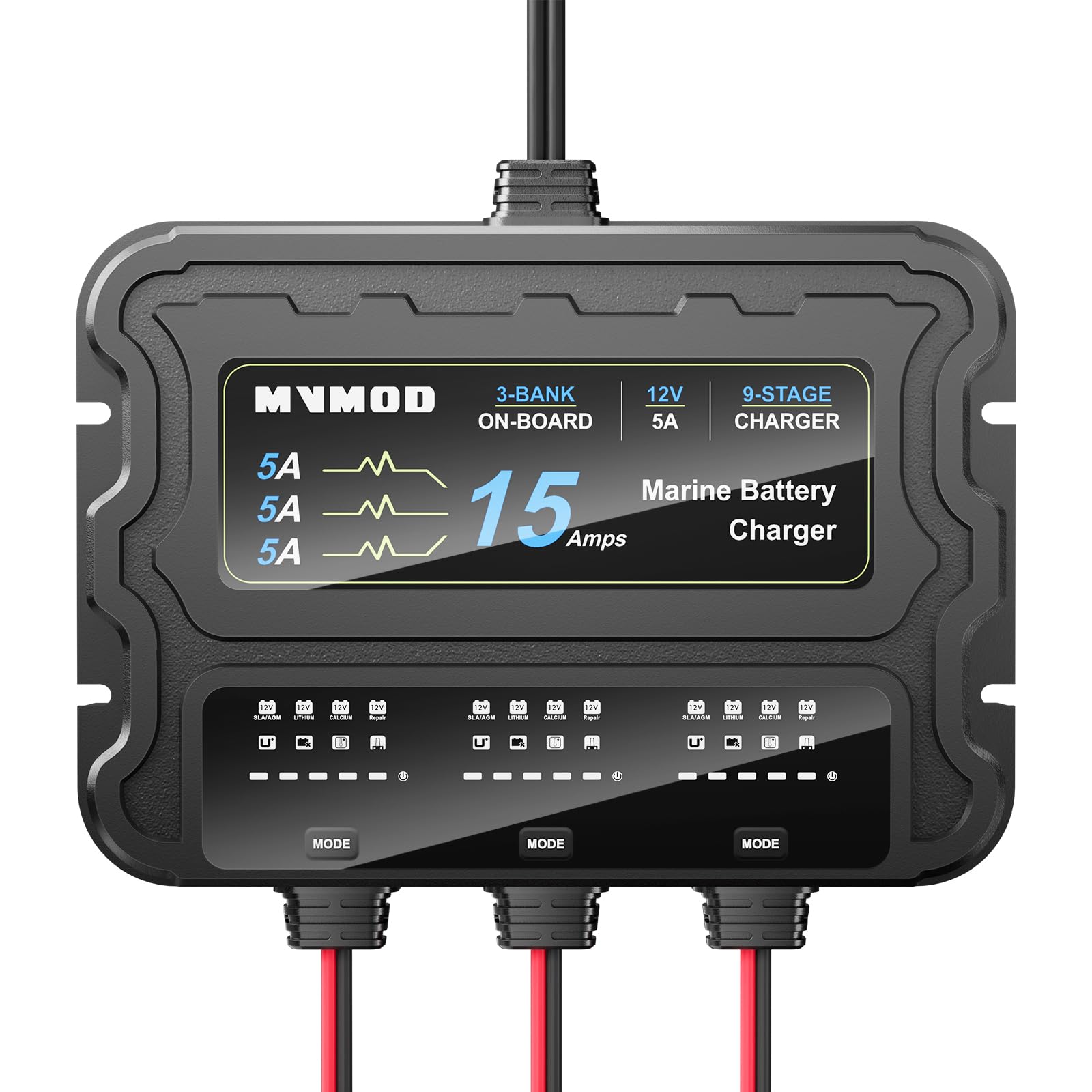 MVMOD 3 Bank Marine Battery Charger, 15A (5A/Bank) 12V IP68 Waterproof Lithium Onboard Battery Charger for SLA/AGM, Lithium(LiFePO4), Calcium Batteries