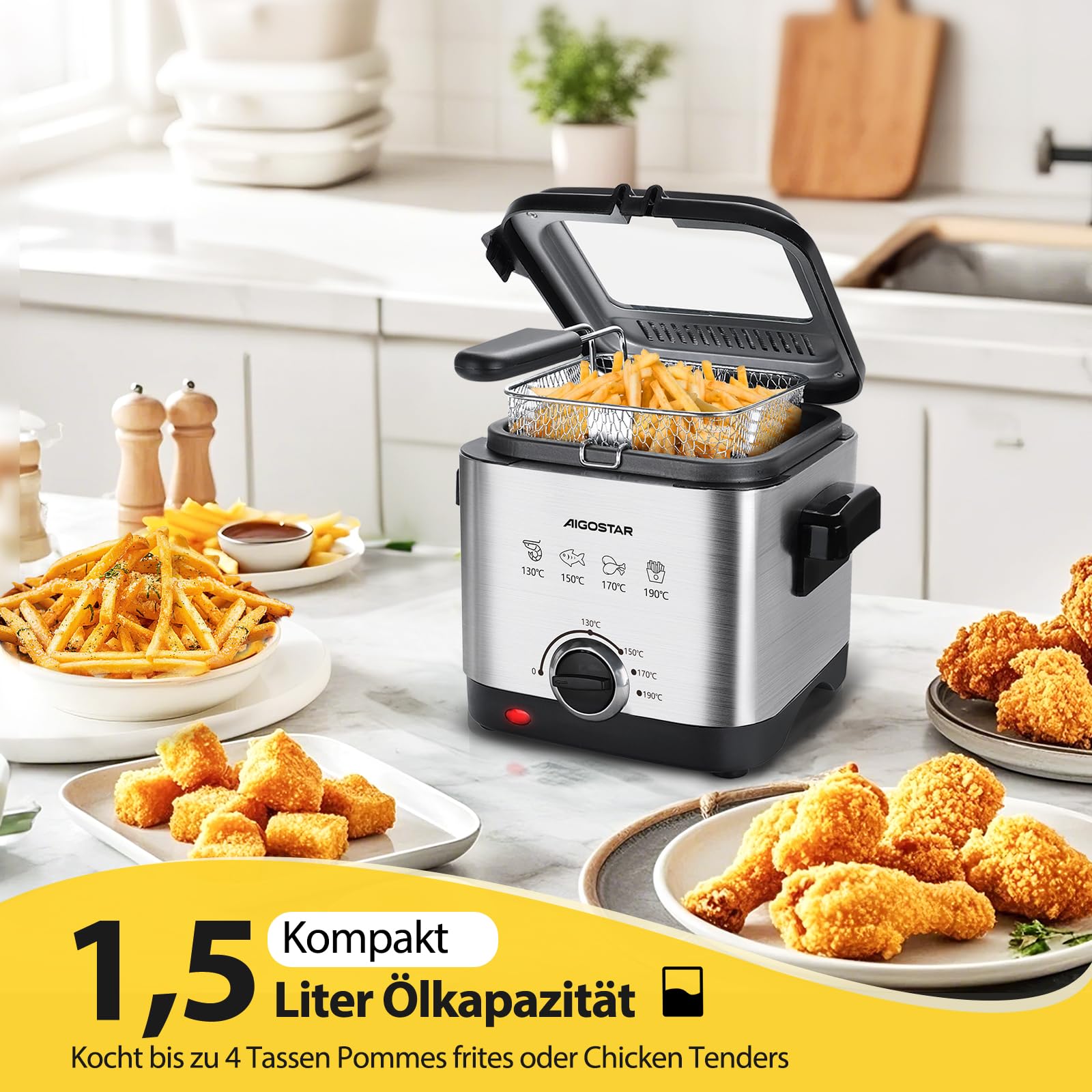 Aigostar 1,5L Fritteuse (1000W) - Edelstahl mit Temperaturregelung, Ölmarkierung, Antihaft-Korb, Geruchsfilter & Spülmaschinenkorb - Sicherheitsgriff + Sichtfenster - silber