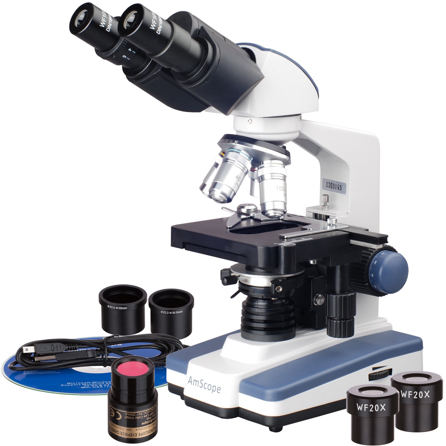 AmScope B120B-E 40X-2000X LED Digitales Binokular-Verbundmikroskop mit 3D-Bühne und USB-Kamera