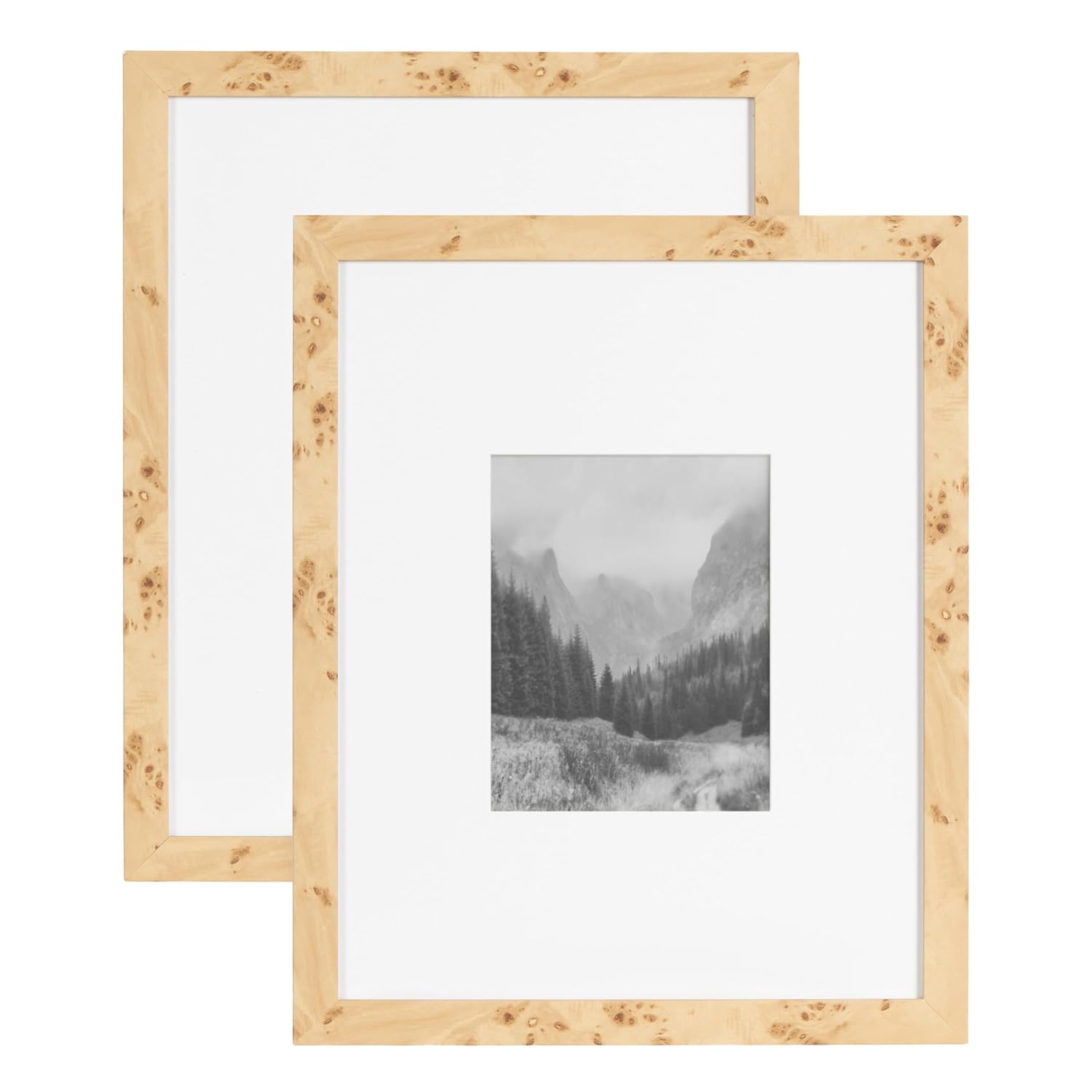 Kate and Laurel Burlock Transitional Faux Burlwood Picture Frame Set of 2, 16 x 20 matted to 8 x 10, Natural, Modern Two-Piece Burlwood Frame Set for Gallery Wall Decor for Living Room