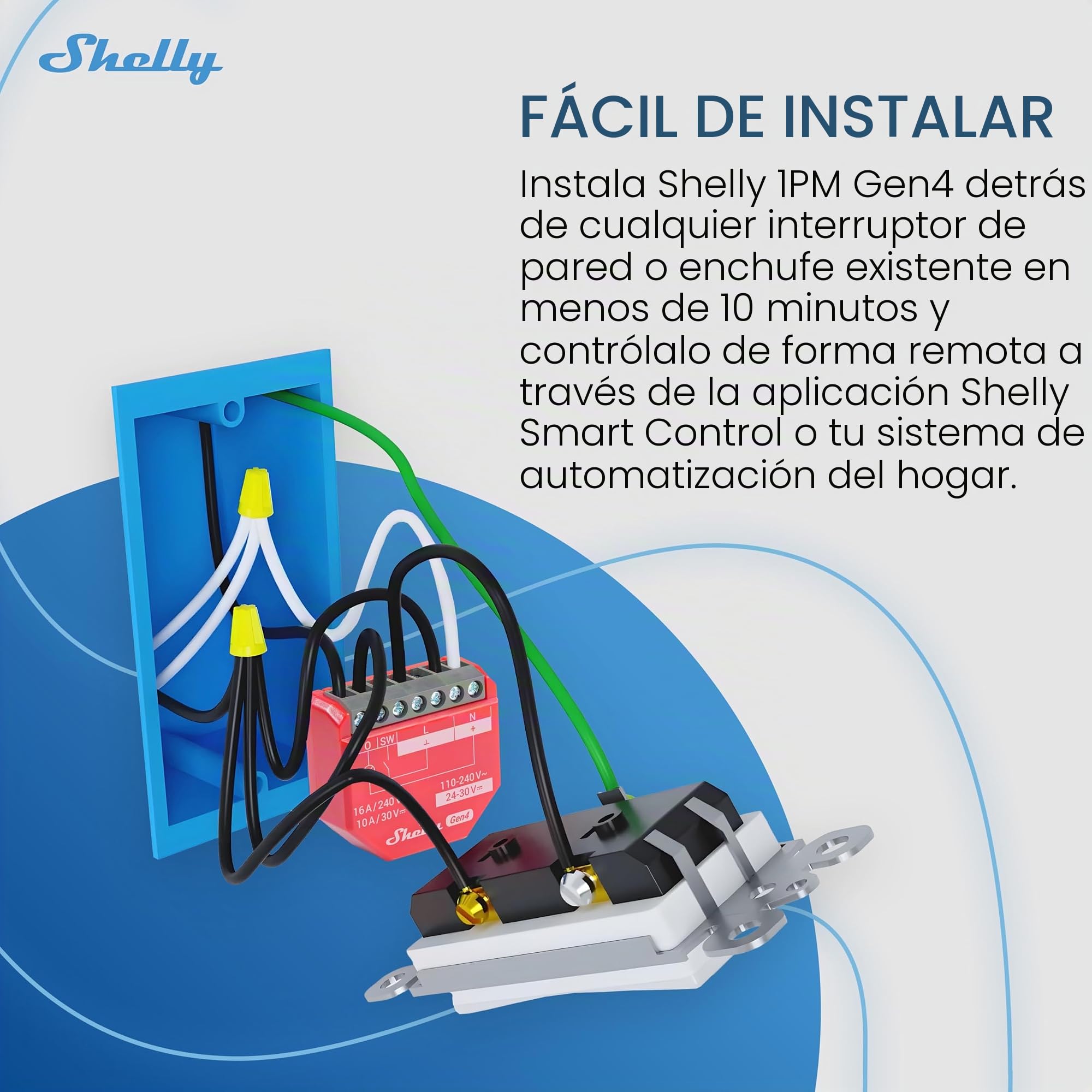 Shelly 1PM Gen4 – Módulo interruptor inalámbrico Matter, Zigbee y Wi-Fi, 1 canal 16A, Con medición de consumo de energía, Relé de luz, Control por app y por voz Alexa, Google, Apple HomeKit - 4 Piezas