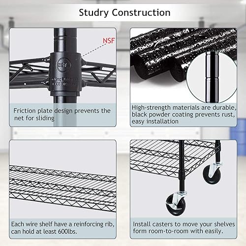 Miniatura 2 de Dkeli Estantes de almacenamiento de 6 niveles de alta resistencia NSF con ruedas, capacidad de peso 6000, unidad de alambre ajustable de grado
