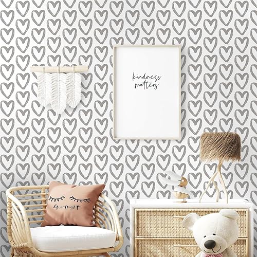 Miniatura 4 de Timeet Papel tapiz de color gris y blanco para despegar y pegar, papel de contacto geométrico de corazón, 17.7 x 393.7 pulgadas, moderno,