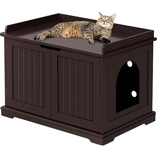 Yaheetech Wood Cat Litter Box Enclosure, Indoor Cat Crate with Double Doors, Decorative Pet Side Table for Living Room, Hidden Washroom Storage Bench for Large Cat Kitty, Espresso
