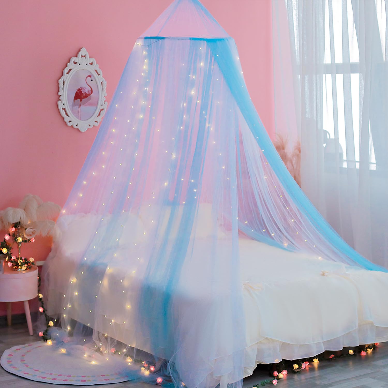 Wnqou Princess White Blue Bed Canopy with Warm Fairy Lights for Girls Bed Net,Princess Canopy for Kids Bed Room
