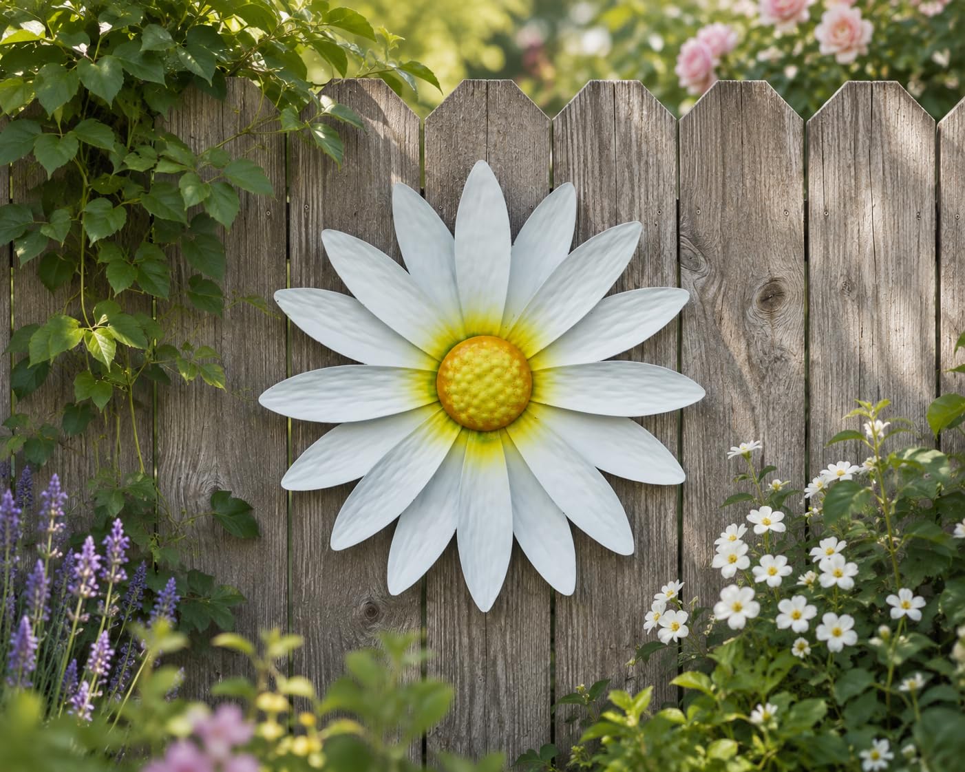Large Metal Wall Mounted Flowers – Decorative Metal Wall Art for Outdoor Use | Rustic Floral Wall Decoration for Garden, Patio, Balcony & Fence | Contemporary Hanging Wall Décor, Daisy White
