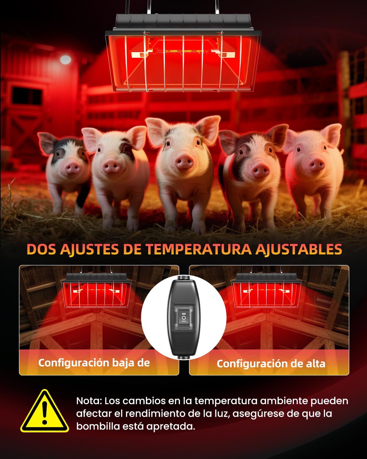 GlowUp Lampara Calor Pollitos 275W, Incluye 2x 175W Bombillas de Calor Infrarroja, Lámpara Calor de Aves de Corral para Cachorros, Pollo Broder, Pato, Cerdos, Corderos (Negro)