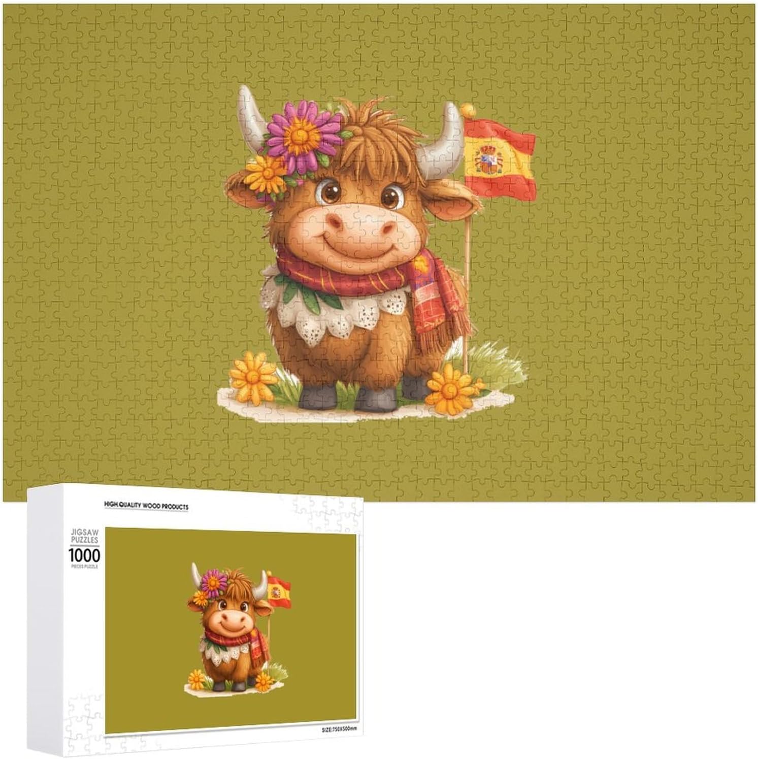 Spanish Flag Highland Cow Wood Puzzle Challenging Jigsaw Puzzles for Women Men
