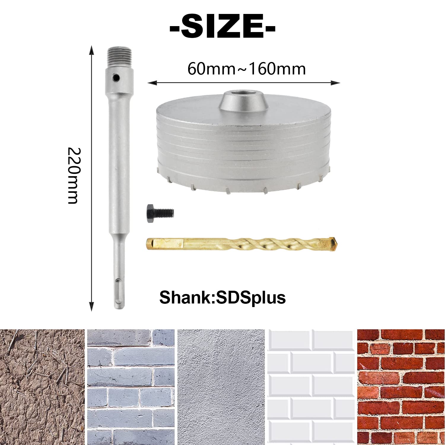 Broca de pared para sierra perforadora de hormigón, SDS Plus, cemento, ladrillo de silicato (adaptador SDS Plus de 100 mm+220 mm)