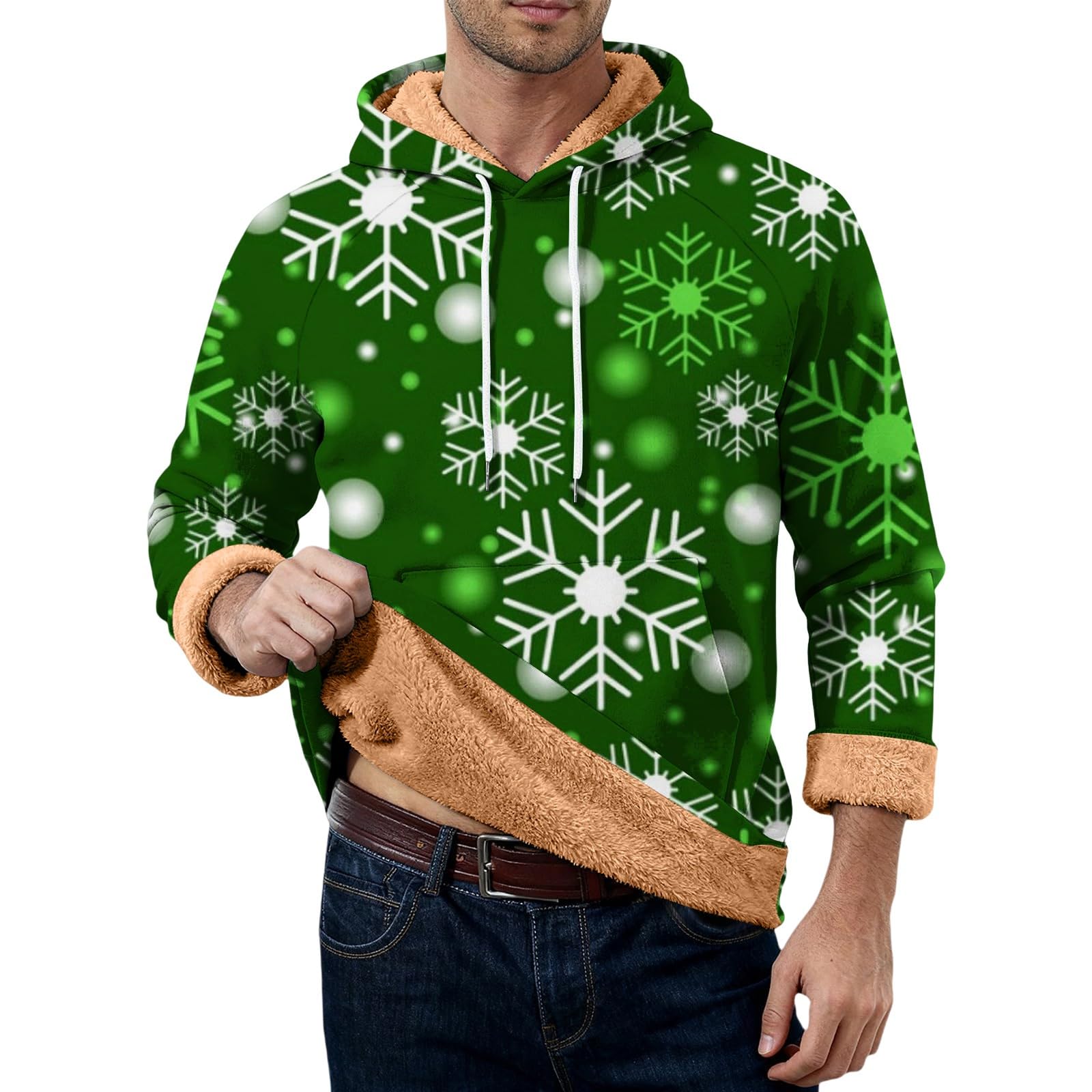 Sudadera de Navidad con forro polar para hombre, divertido, con copo de nieve, sudadera de manga larga de gran tamaño, cálido, jersey, novedad, traje de Navidad de moda, ropa de vacaciones con