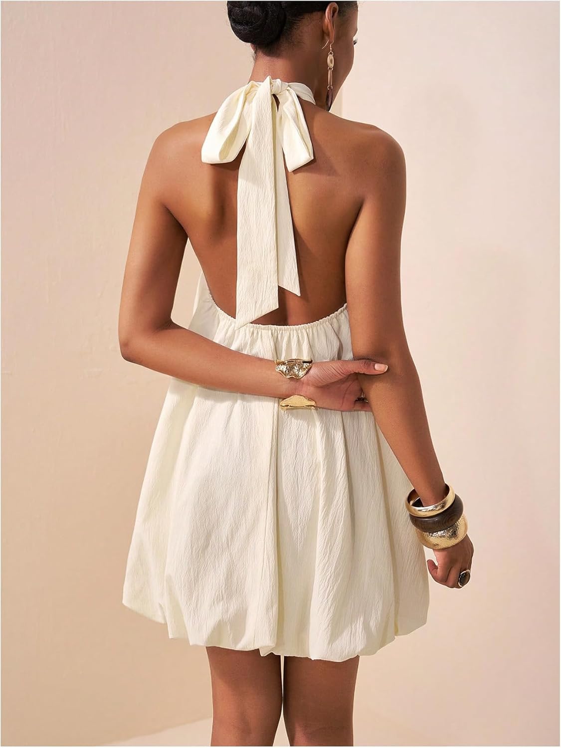 Floerns Women's Bubble Mini Halter Dress Knot Tie Backless A Line Party Vacation Dresses - Image 3