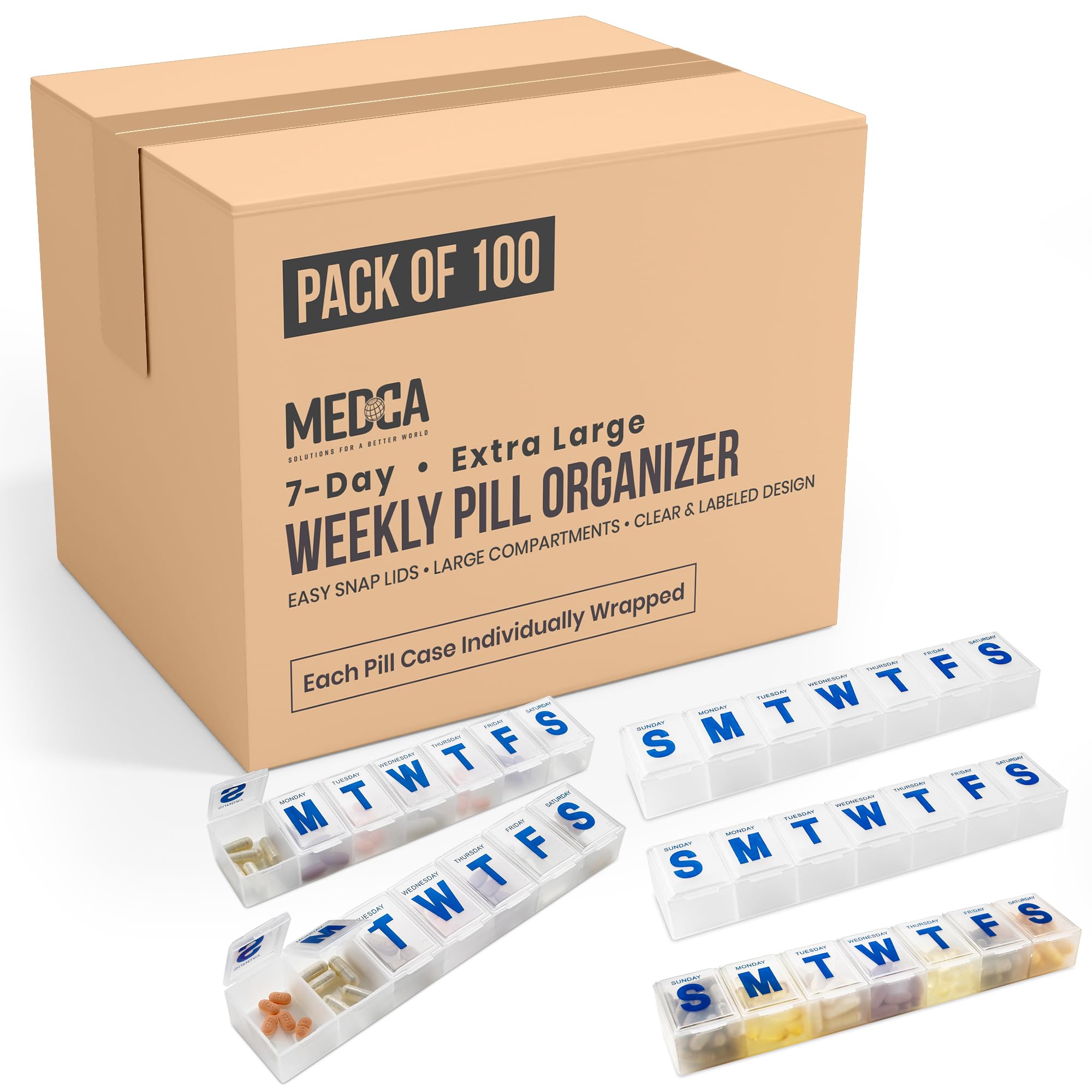 MEDca Weekly Pill Organizer, 7-Day Pill Planner Extra Large, (Bulk Case Pack of 100 Pill Organizers)