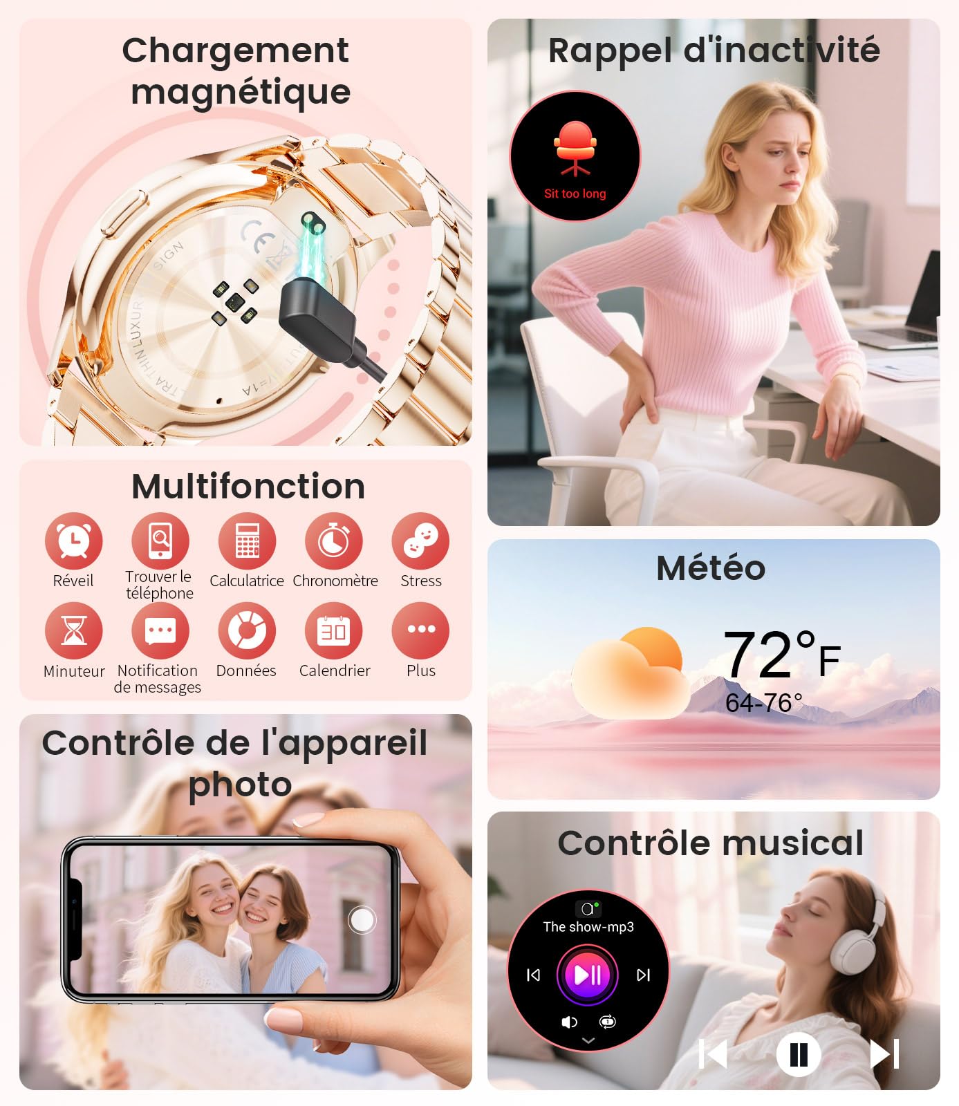 Montre Connectée Femme,1,43" AMOLED Montre Sport,Smartwatch avec Bracelet en métal premium/120+ Modes Sportifs/Fréquence Cardiaque/Compteur,Montre Femme pour iOS et Android,Doré