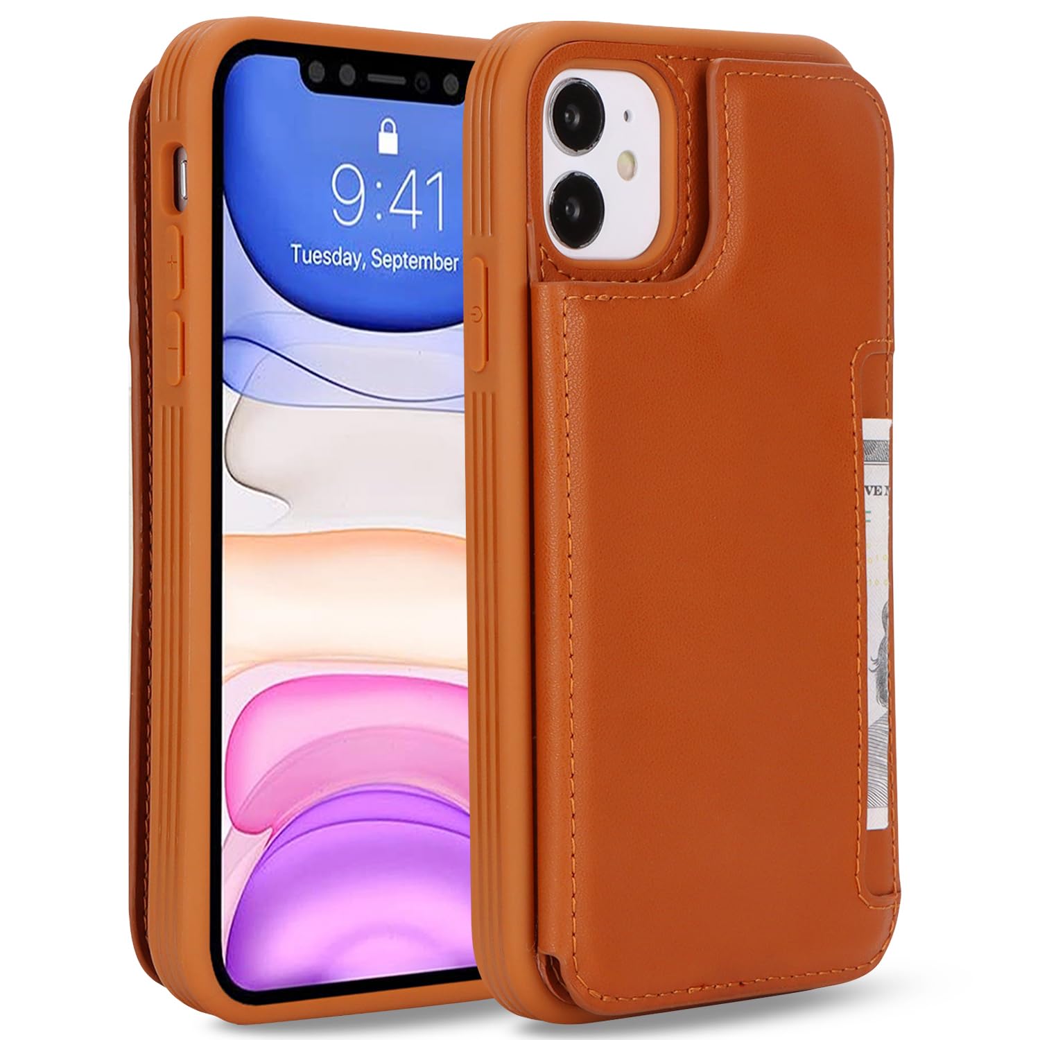 SailorTech per iPhone 11 Custodia per telefono con porta carte di credito, iPhone 11 Custodia con slot per carte di credito mag safe Portafoglio Zipper per uomo - Marrone