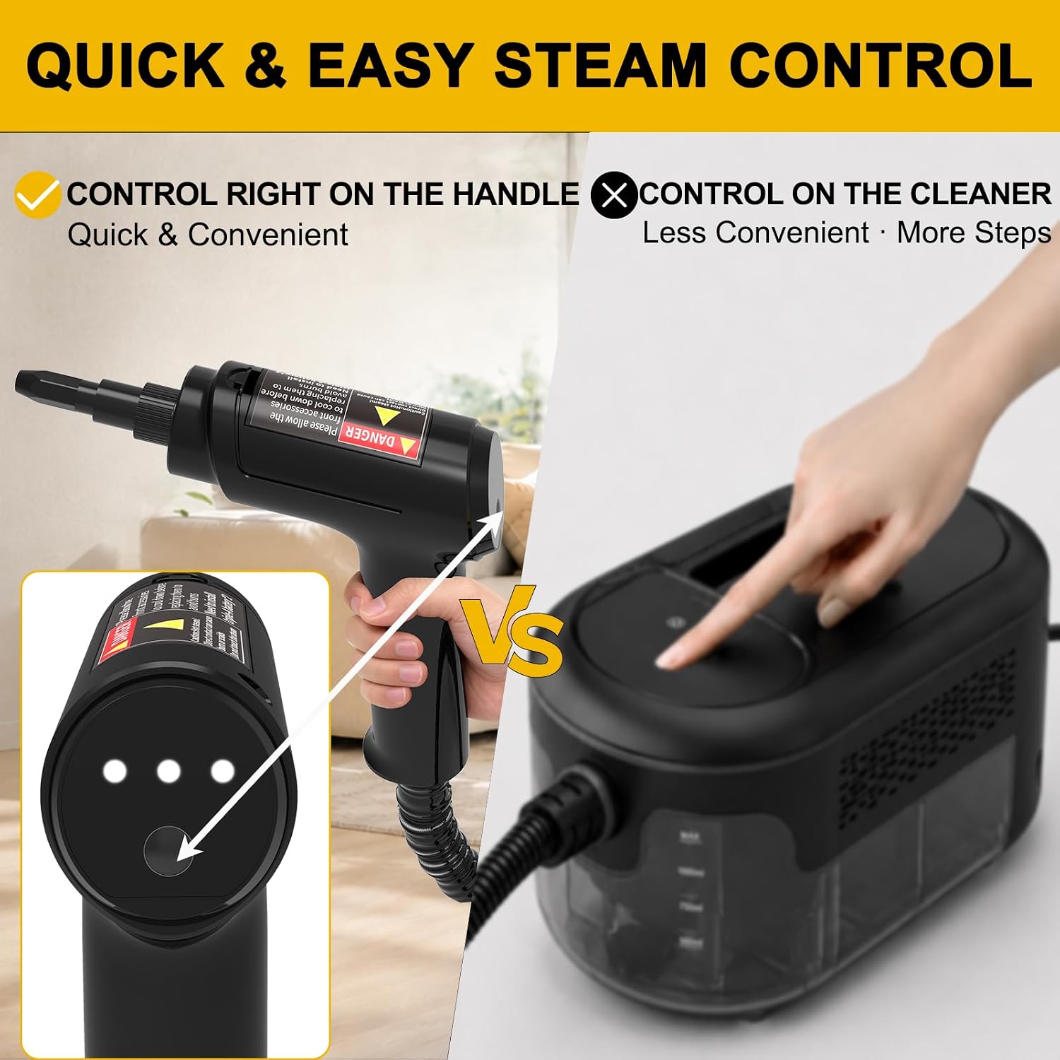 Portable Steam Cleaner, 3-Level Adjustable Handle, 2.2L Tank & 15s Heat-Up