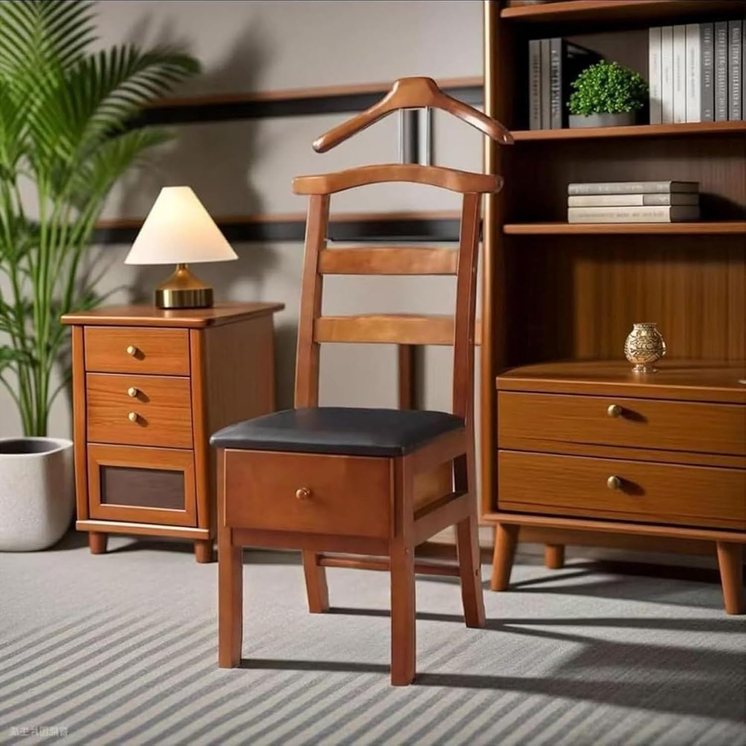 Brown Valet Stand with Drawer & Office Chair Hanger, Men’s Organizer for Clothes, Watches, Keys & Accessories