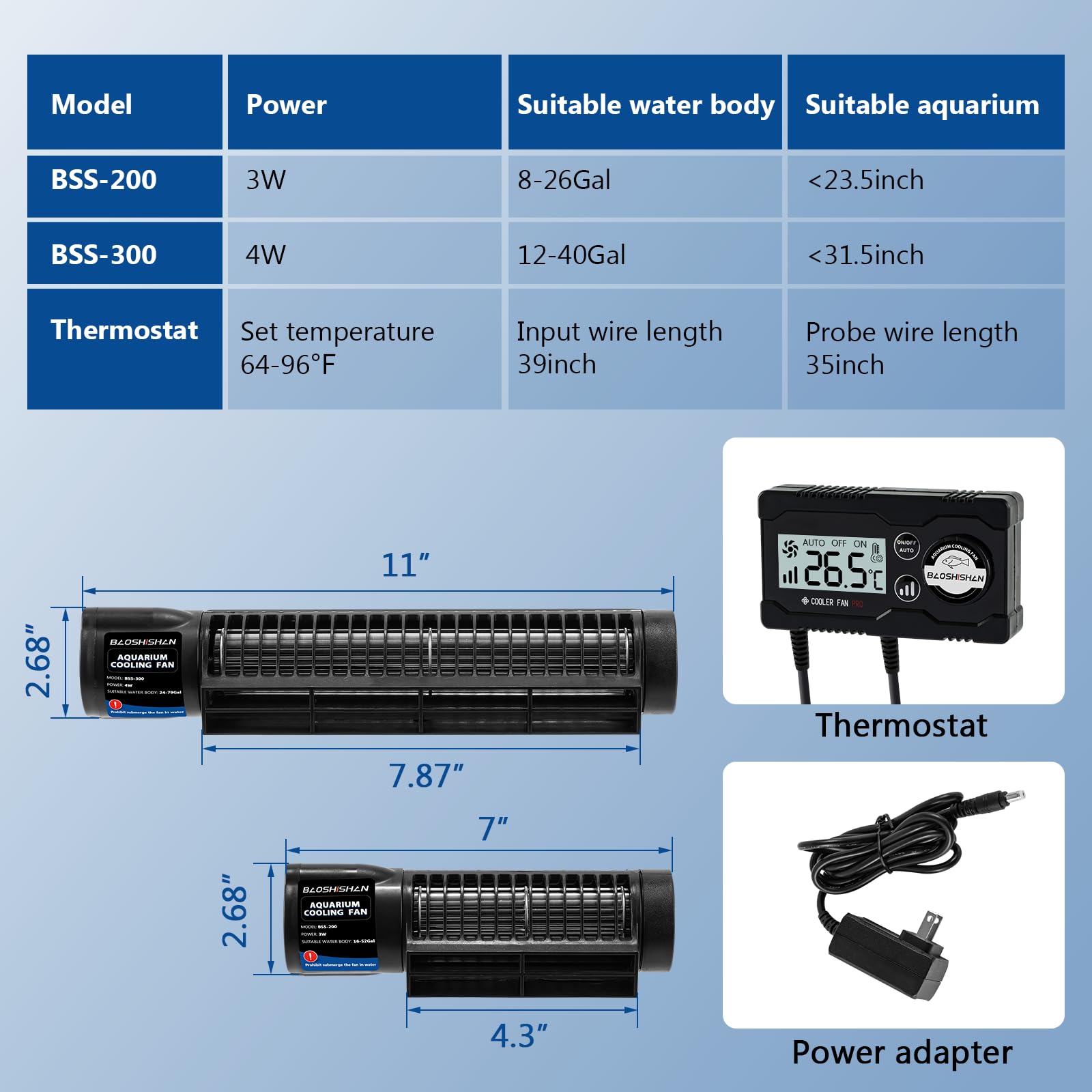 BAOSHISHAN Ventilateur de refroidissement pour aquarium, avec contrôle automatique de la température et 3 vitesses réglables, sortie d'air transversale à 120 ° pour aquarium, maison, bureau