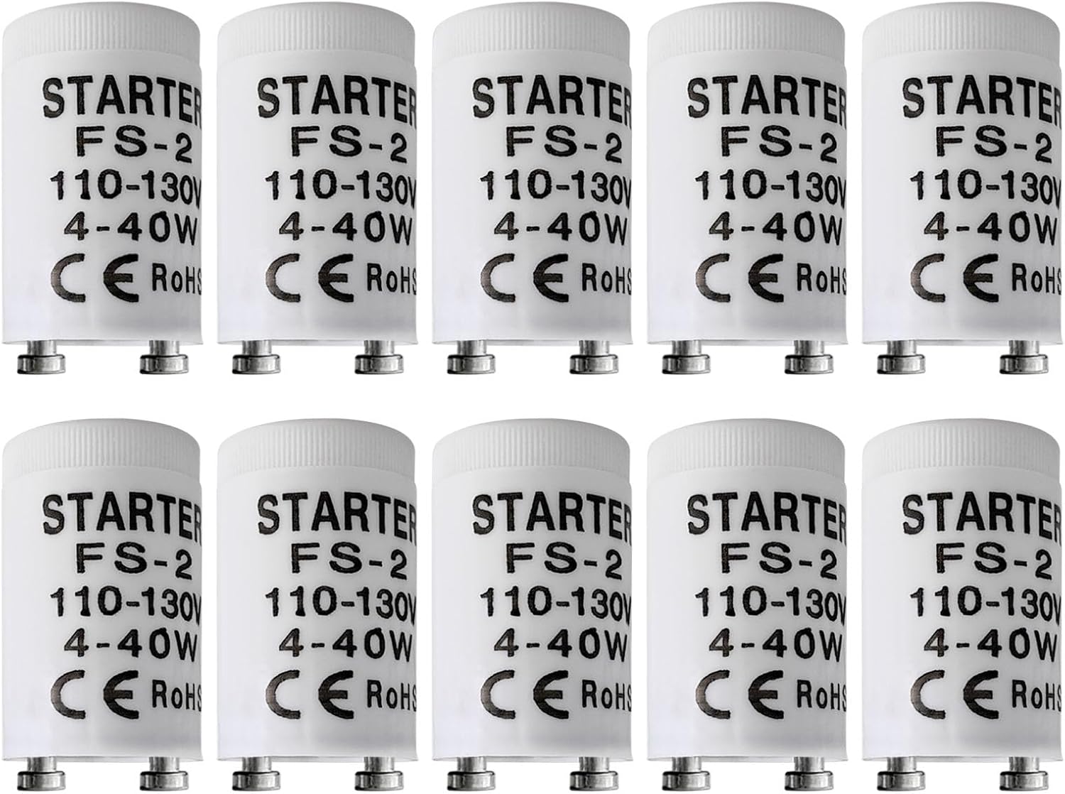 Fluorescent Starter for 4-40 Watt Fluorescent lamp, Compatible with GE Philips Sylvania Fluorescent lamp FS-2 S2, 110V 10 Count