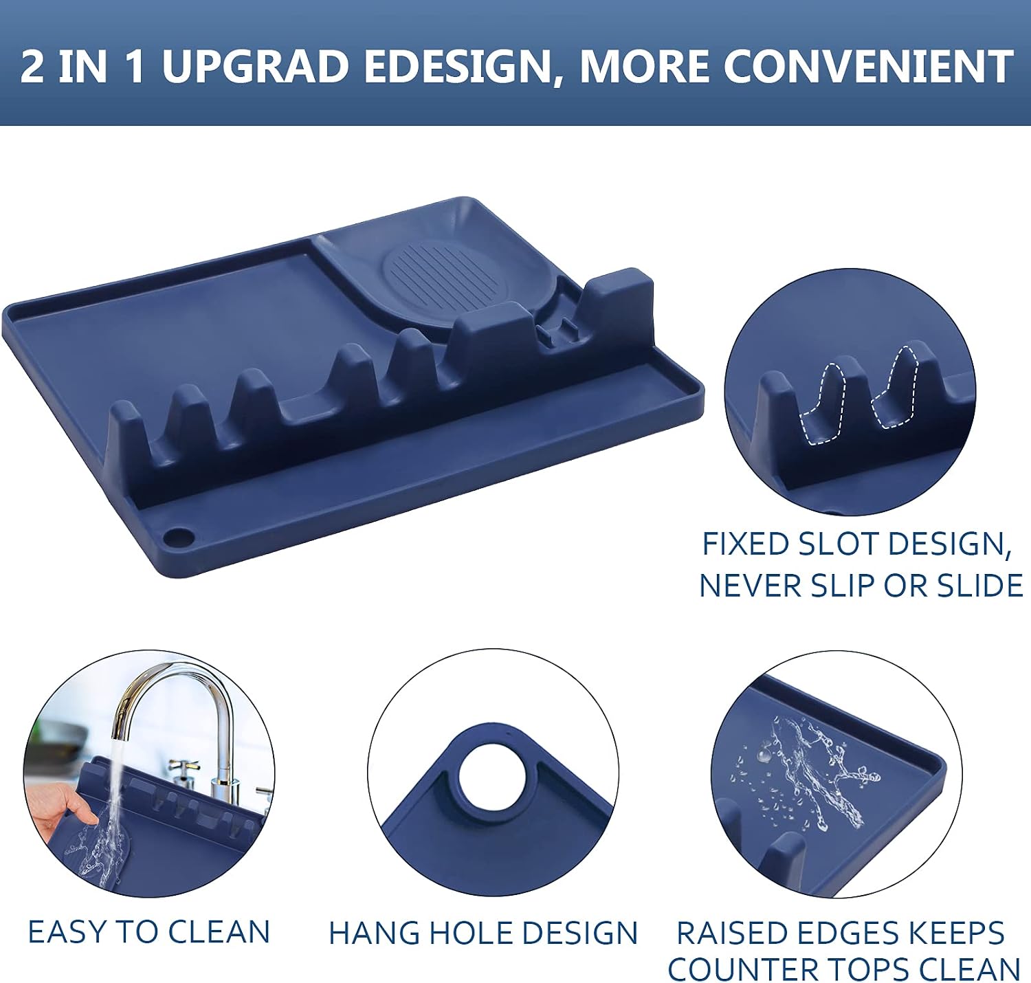 Silicone Spoon Rest with Drip Pad for Multiple Utensils,Spoon Holder for Stove top 2 in 1 Larger Size Kitchen Utensils Holder Heat-Resistant Non- Slip Ladles Holder(Blue)