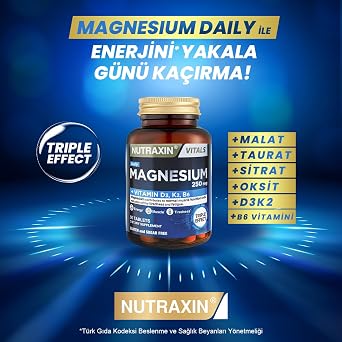 Nutraxin Magnesium Daily 250 mg | Magnezyum, D3K2 ve B6 Vitaminli | Şeker ve Gluten İçermez | 60 Tablet (3 paketi)