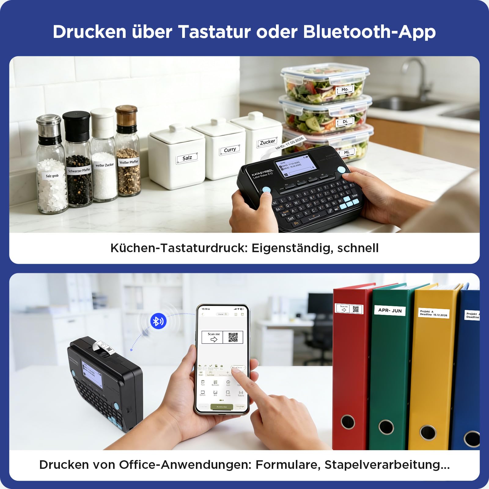 SUPVAN E12 Etikettendrucker mit QWERTZ-Tastatur&Bluetooth，Gelb Etikett