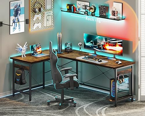 Miniatura 55 de Coleshome - Escritorio gaming en forma de L de 66 pulgadas, con toma de corriente, con soporte para CPU, escritorio esquinero para computadora, para