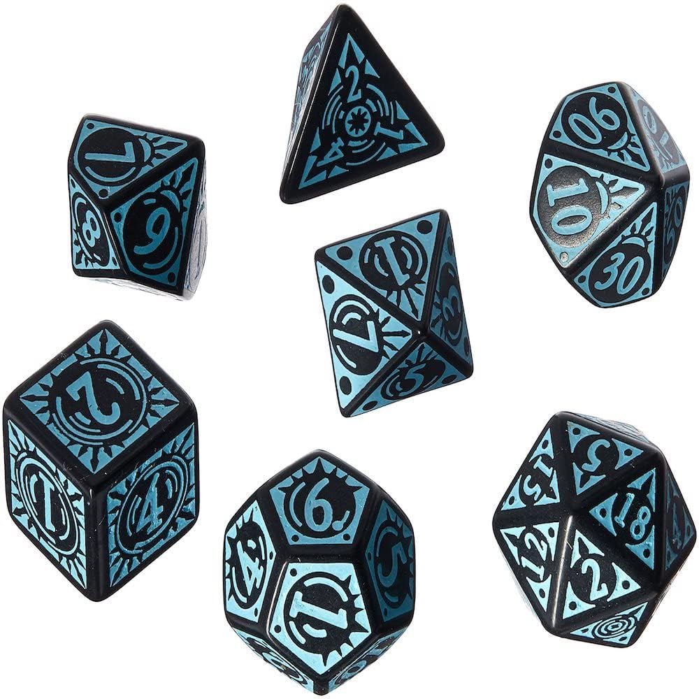 Q WORKSHOP Pathfinder Iron Gods Rpg Ornamented Dice Set 7 Polyhedral Pieces Black, Standard (15mm - 17mm)