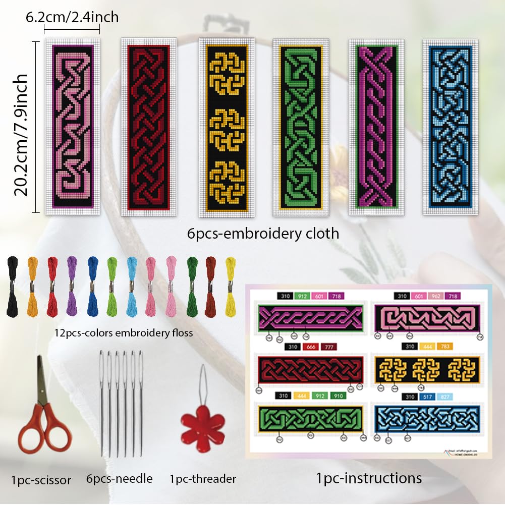 ORIGACH 6 Set Celtic Knot Cross Stitch Bookmark Kit for Beginner with Backing Felt Floss Instructions DIY Stamped Embroidery Bookmark Kit for Adults, Book Lovers