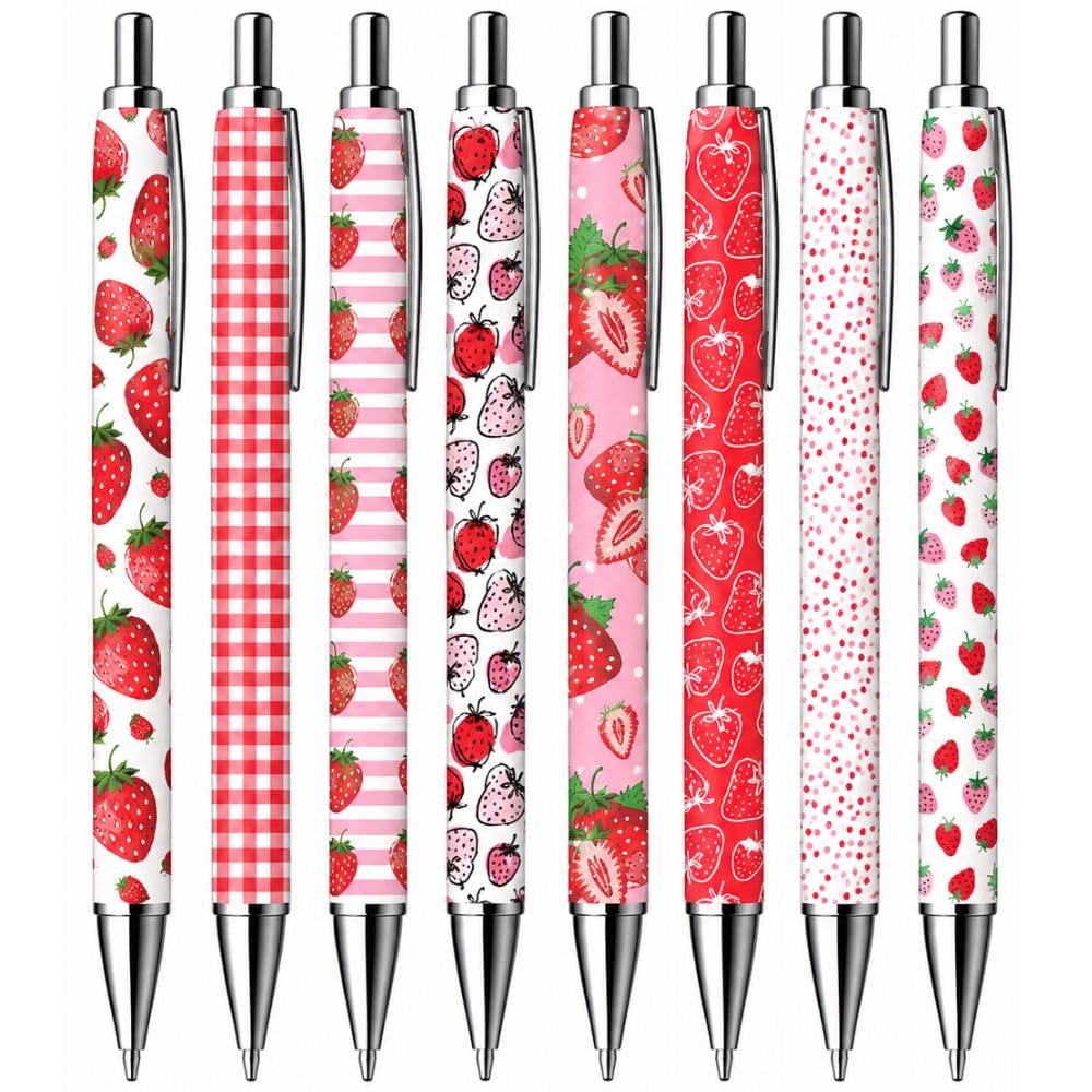 8PC Cute Strawberry Writing Pens Fruit Themed Ballpoint Pen Bulk Set Perfect Appreciation Gifts Birthday Party Treats Basket Bag Fillers Fun Pretty Office School Stationery Supplies for Women Girls