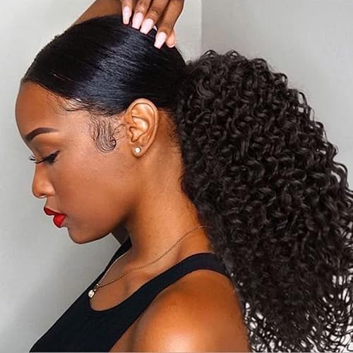 Extensión de cola de caballo rizada profunda con cordón para mujeres negras, extensiones de cabello sintético con 2 clips, 14 pulgadas (1B)