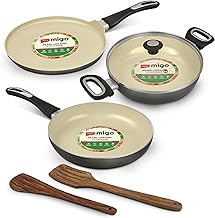 Impex Ceramic Cookware Set | 6 Pc Induction Base Non Stick | Kadai Pan With Lid, Fry Pan, Tawa Pan and 2 Spatulas | Free From PTFE, PFOA and Heavy Metals| 100% Non Toxic | 2 Year Warranty, Grey