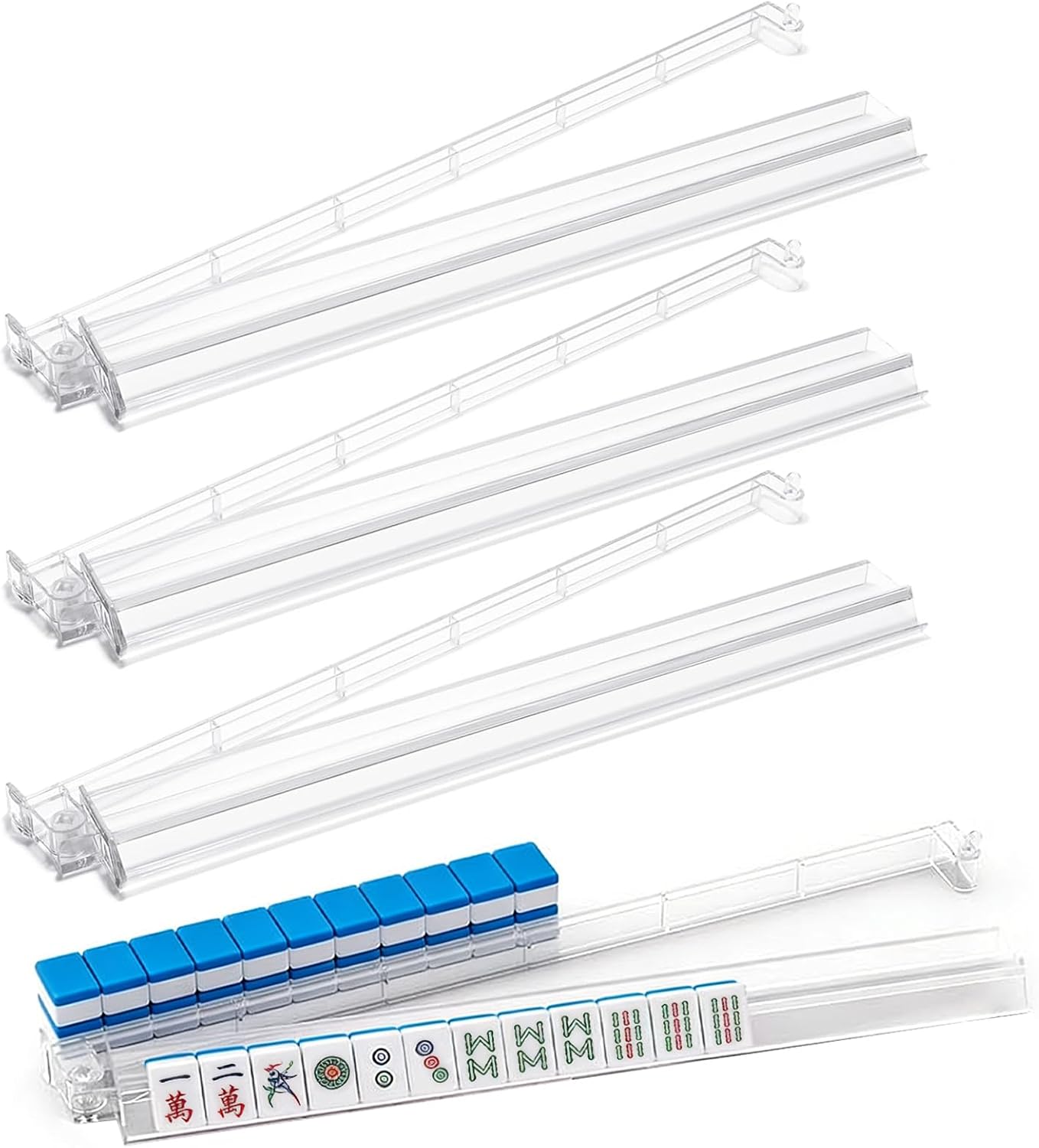 Mahjong Racks with Pushers - 4 Set Clear Acrylic American Mahjong Tile Holders, Non-Slip Base, Integrated One-Piece Tray, Lightweight Shatter-Resistant, Family Gatherings & Parties.