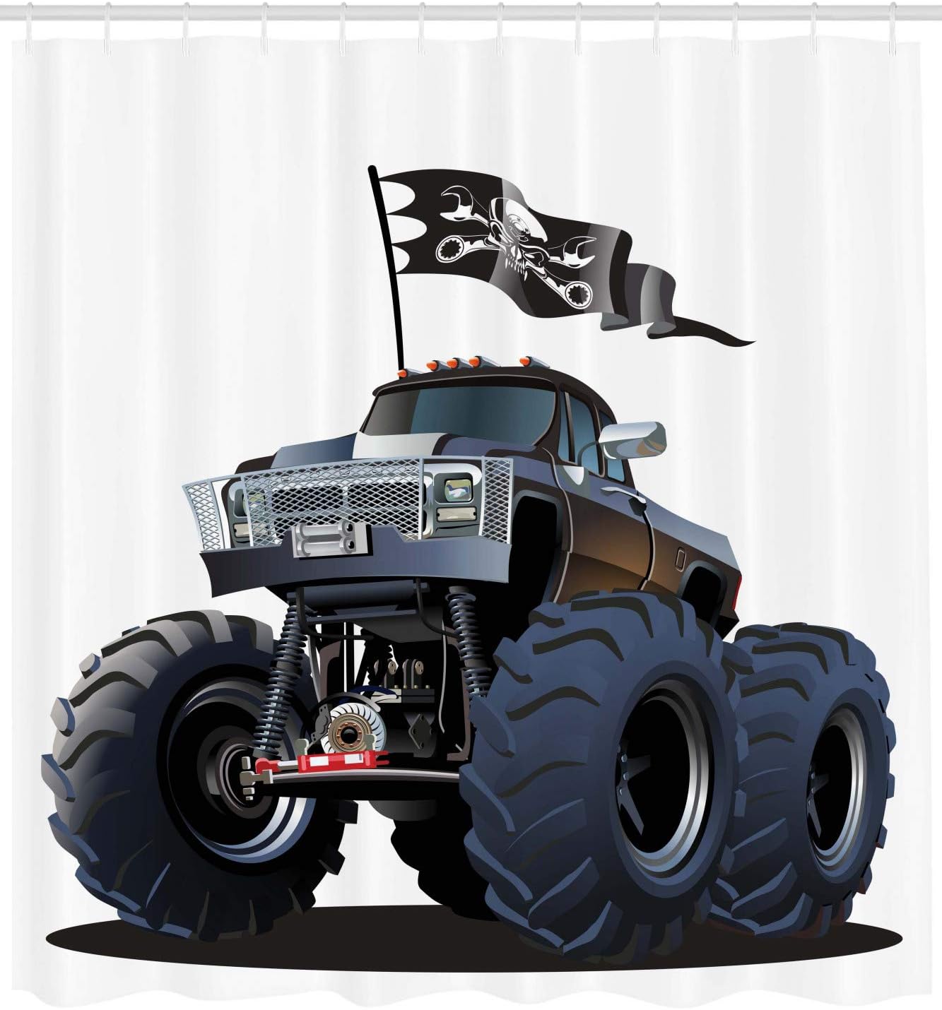 Ambesonne Cars Shower Curtain, Popular Large Suspension Monster Truck Dead Skull Pirate Flag Off to Road Art, Cloth Fabric Bathroom Decor Set with Hooks, 69" W x 75" L, Cadet Blue White