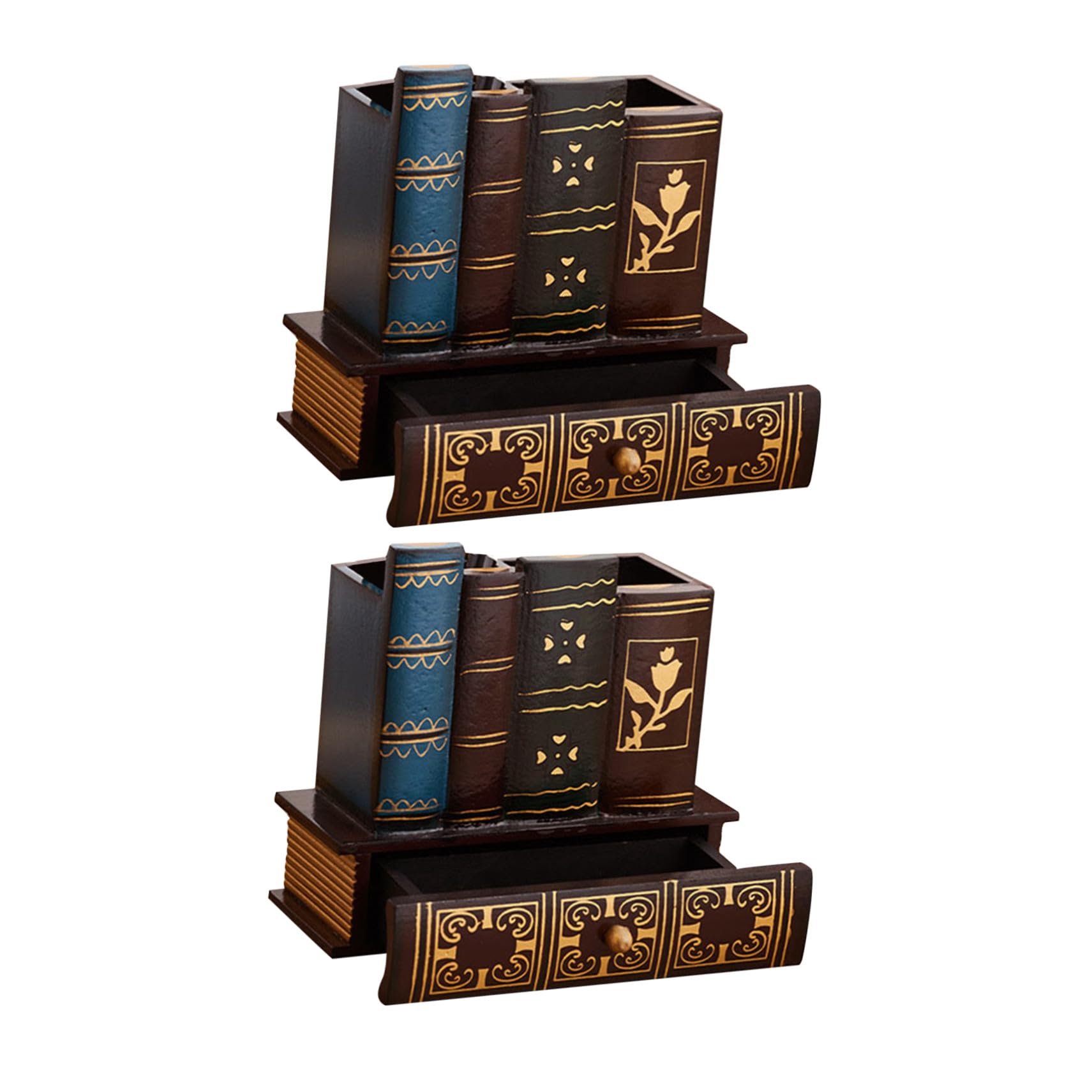 WOONEKY Portalápices Estilo Libro Retro con Cajón, Madera, 2 Piezas