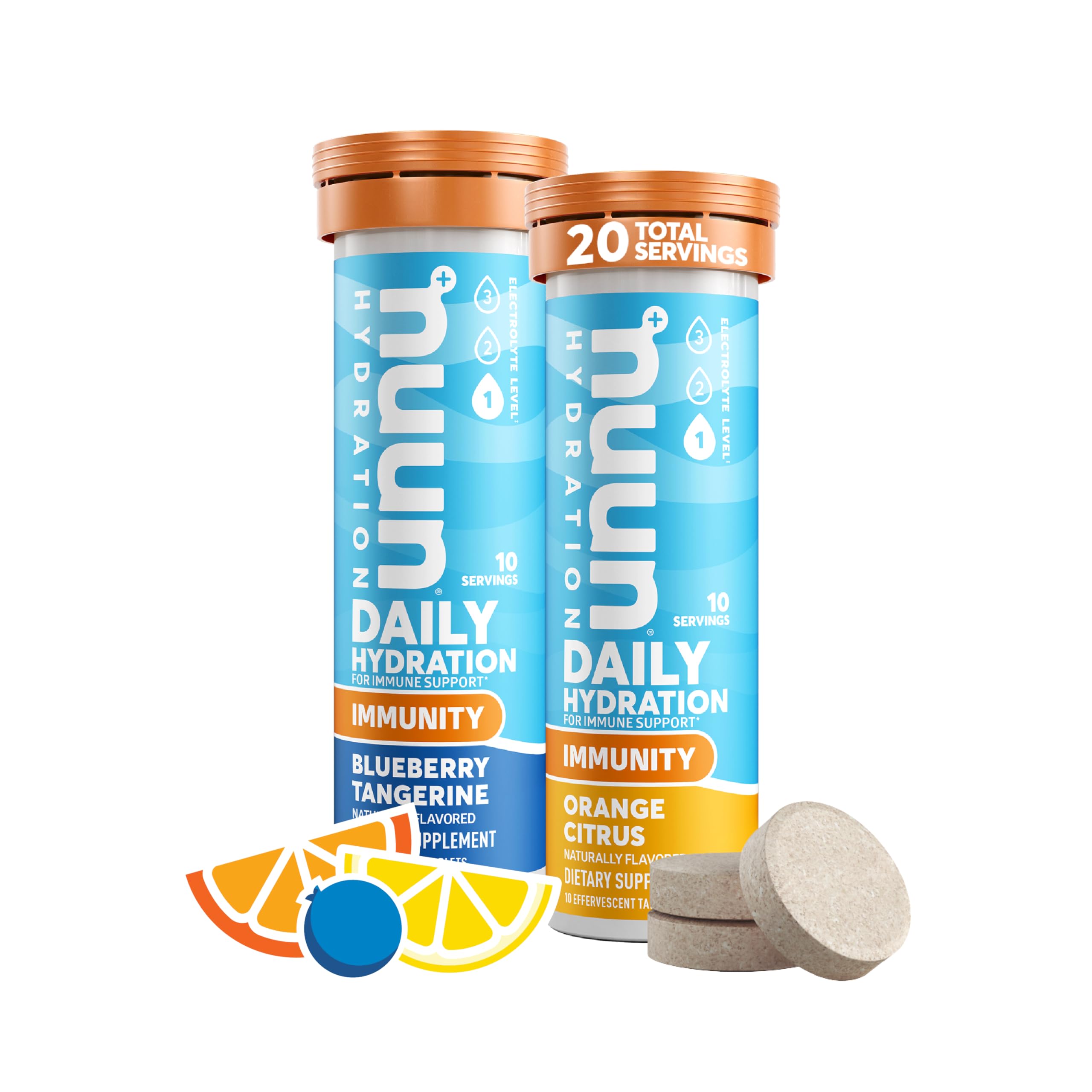 Nuun Hydration Immunity Electrolyte Tablets With 200mg Vitamin C, Blueberry Tangerine and Orange Citrus Flavors, 2 Pack (20 Servings) Blueberry Tangerine + Orange Citrus 10 Count (Pack of 2)