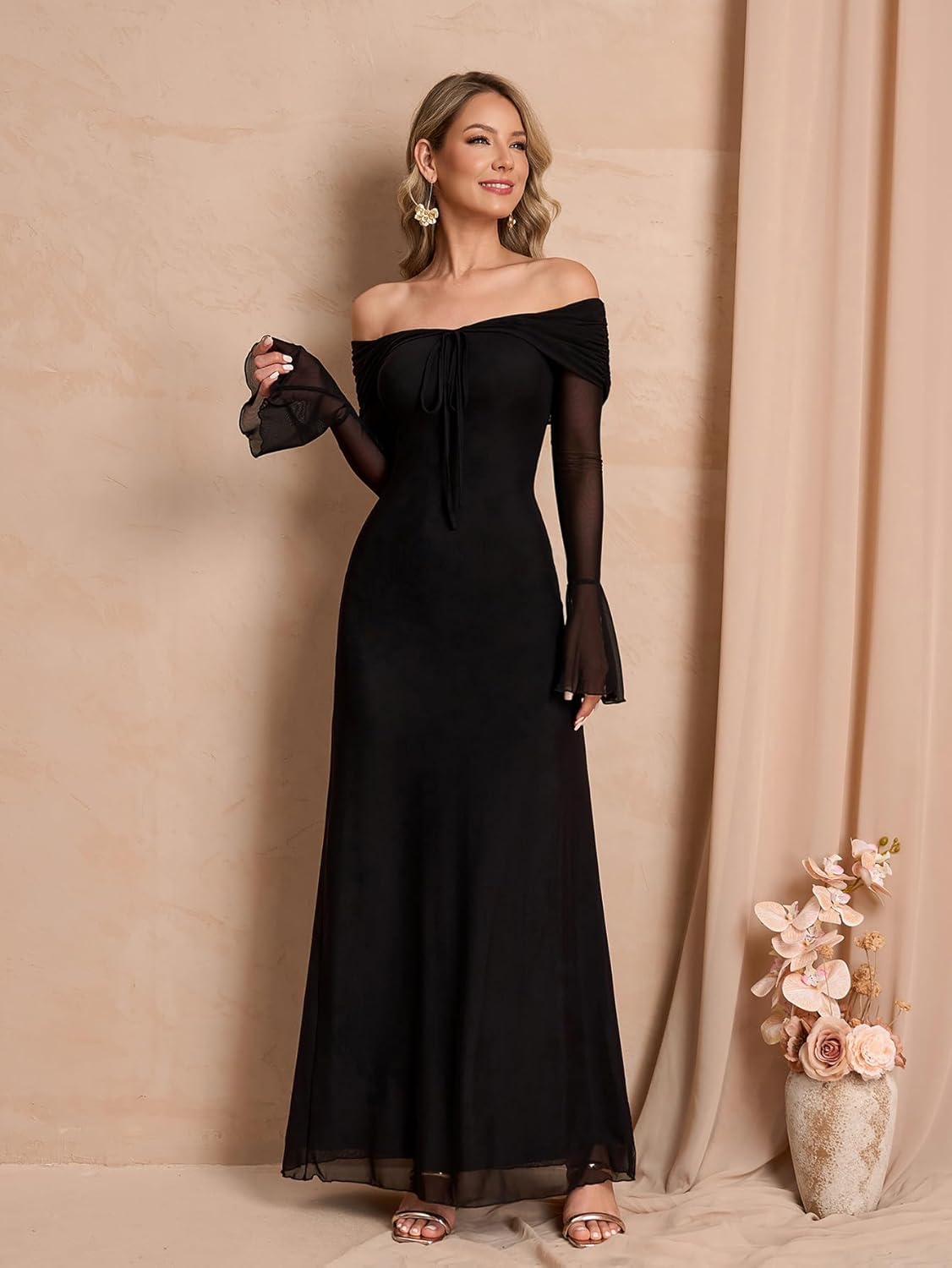 Off Shoulder Long Sleeve Maxi Dress Bodycon Tie Party Formal Wedding Guest Dresses for Women 2026 - Image 2