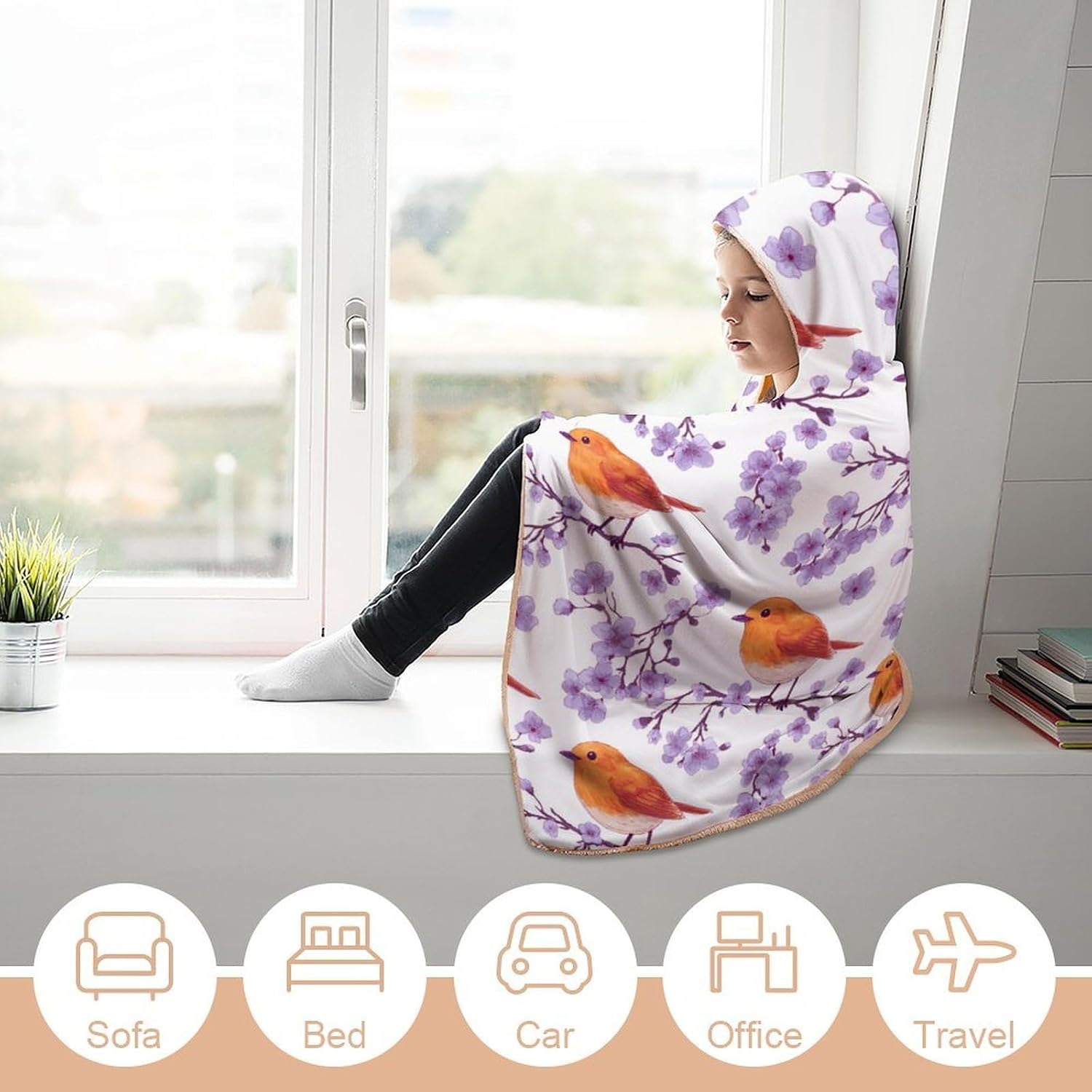 Robin Bird Print Wearable Blanket Oversized Throw Cape | Cozy Hooded Blanket Gifts for Women Men