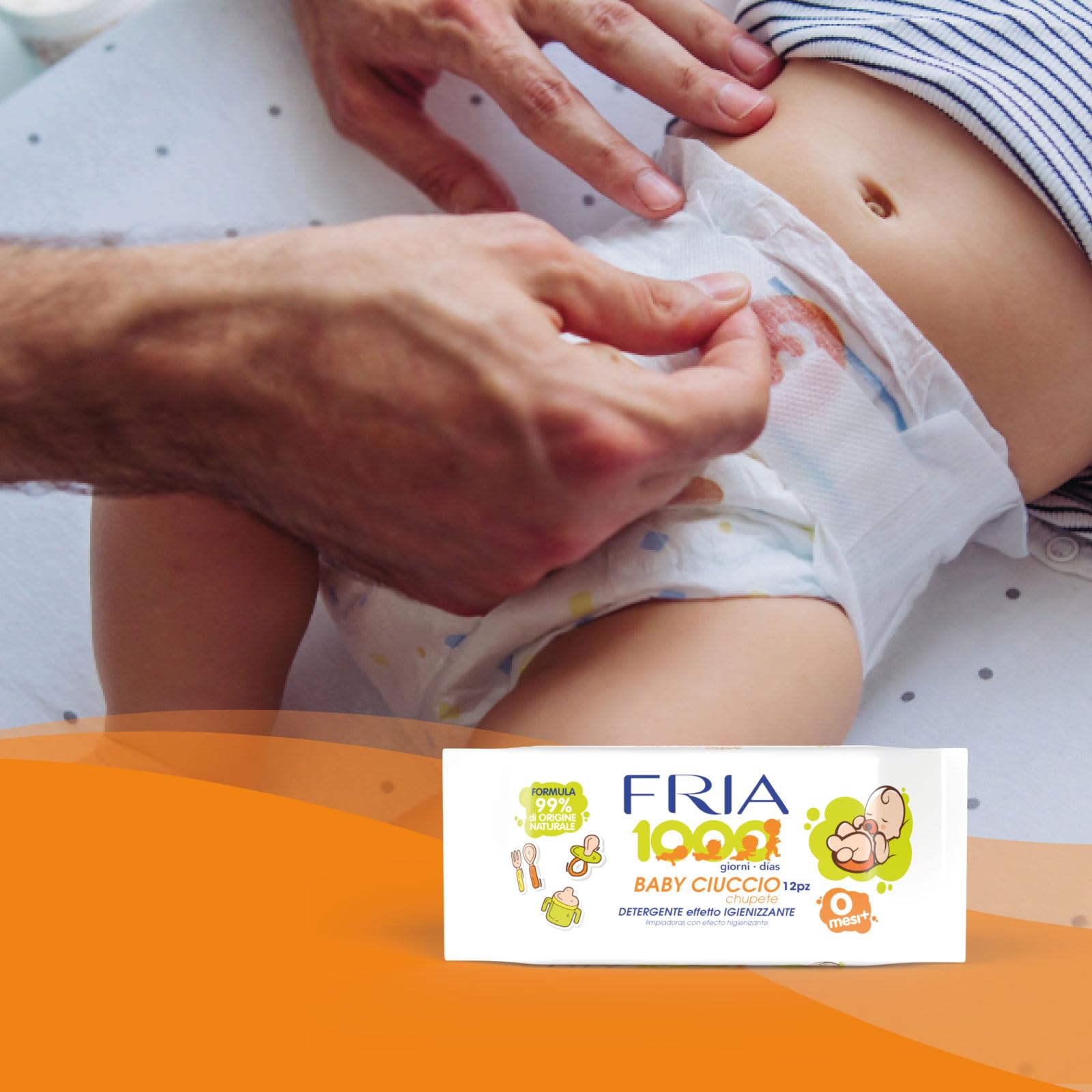 Fria Baby Ciuccio Salviette Pulisci Ciuccio Biberon Tettarelle Azione Igienizzante 99% Origine Naturale Confezione Borsa 12 Salviette
