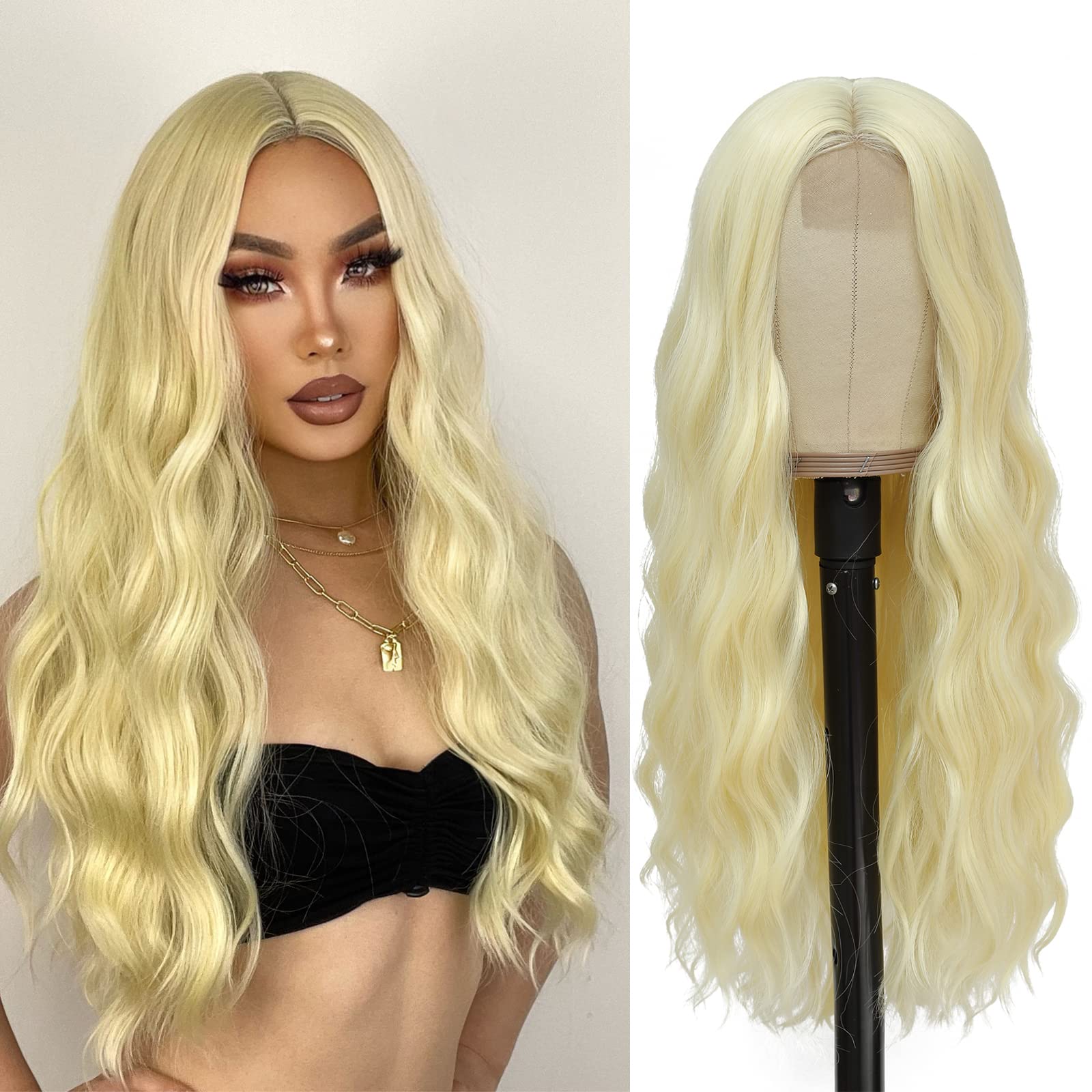 YBYMCAI Blonde Wig - Long Blonde Wavy Wigs for Women Middle Part 613 Wigs 26 inch Natural Curly Synthetic Wig Heat Resistant Fiber Wigs for Daily